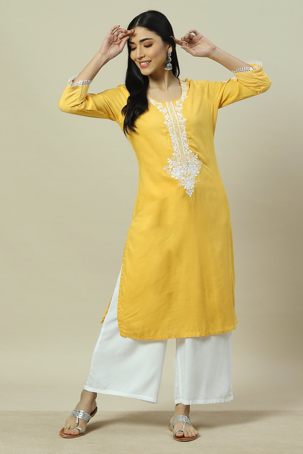 Yellow LIVA Straight Kurta image number 0