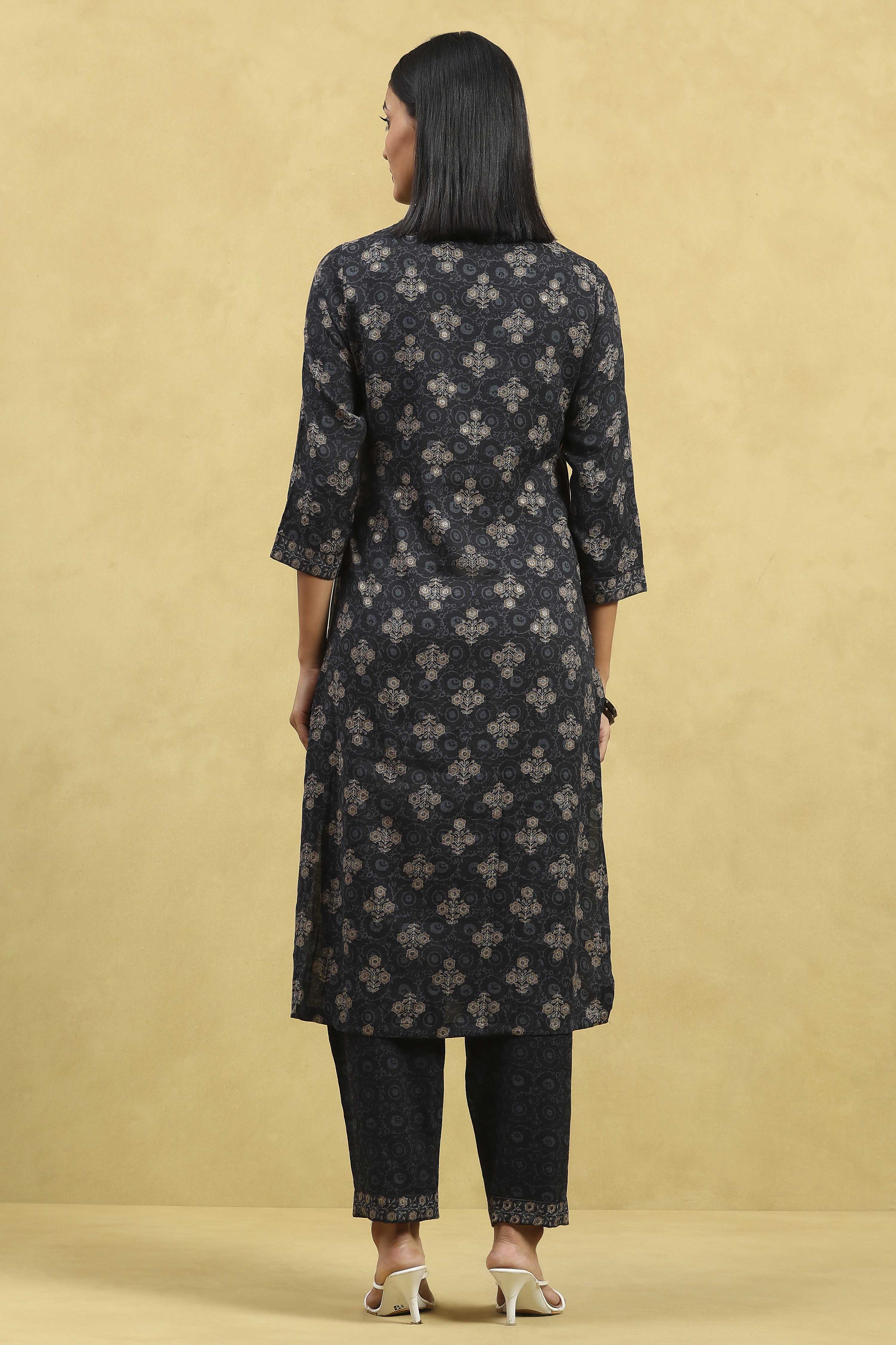 Black Viscose Blend Printed Straight Kurta Pants Set image number 4