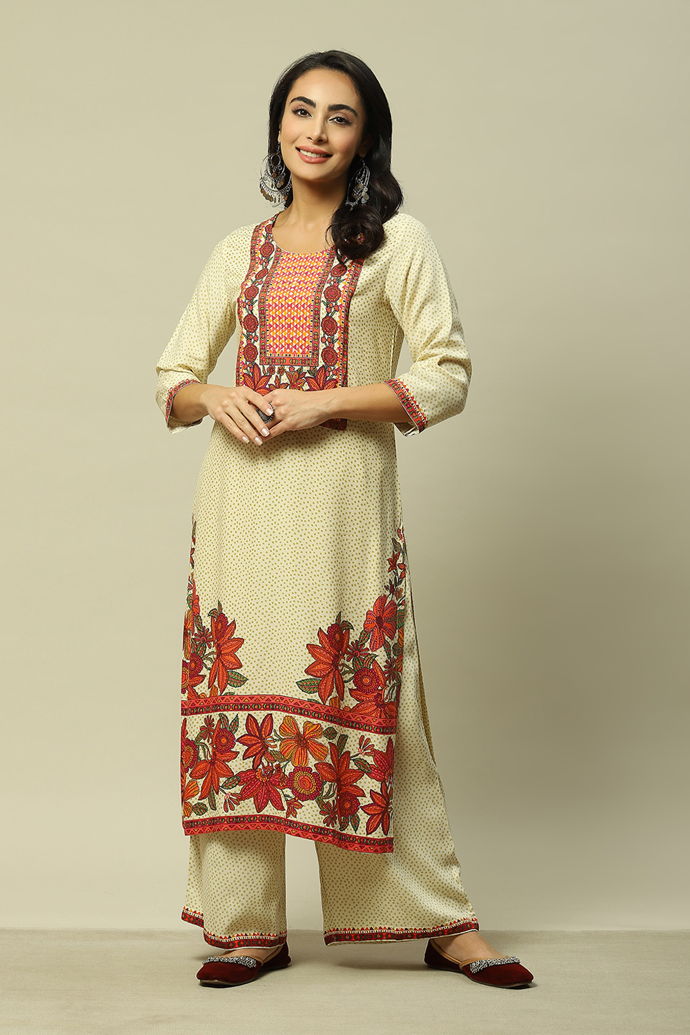 Ecru LIVA Straight Printed Kurta image number 0