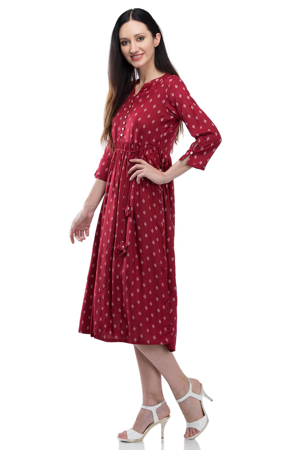 Maroon Flared Viscose Dress image number 2