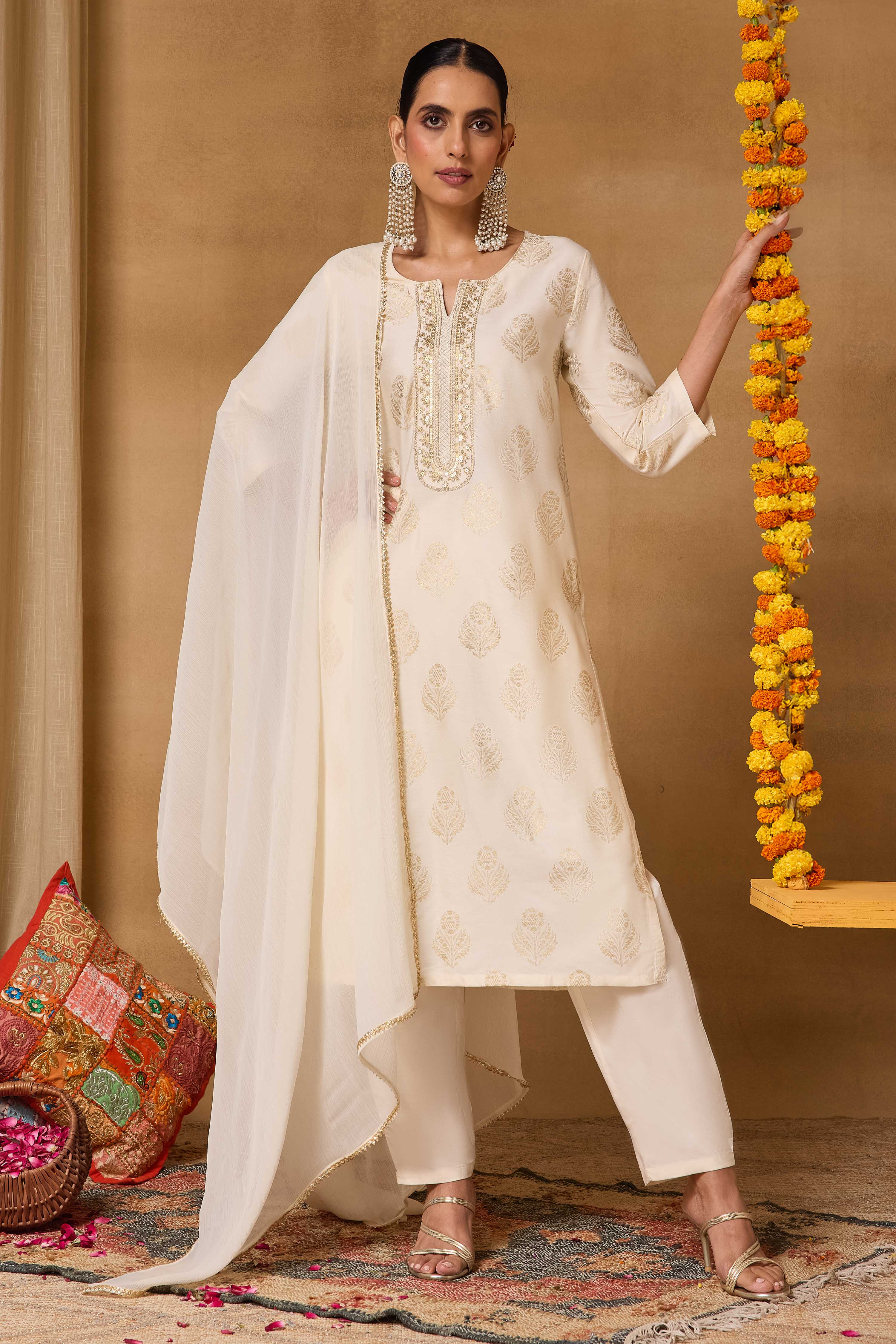 Off White Viscose Blend Straight Printed Suit Set image number 0