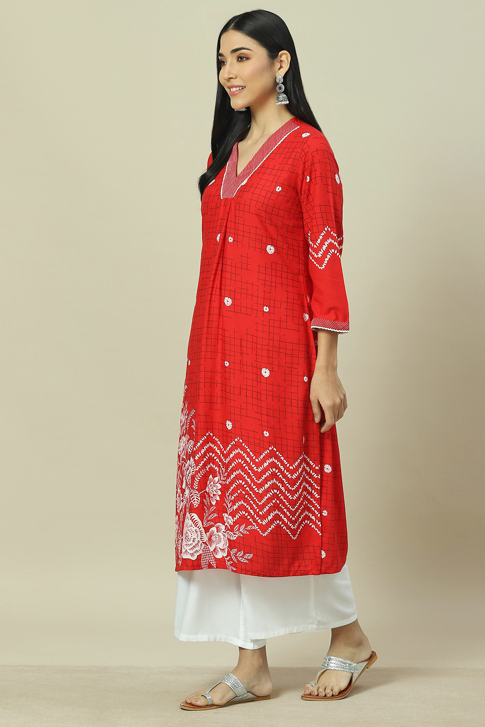 Red LIVA Straight Kurta image number 2