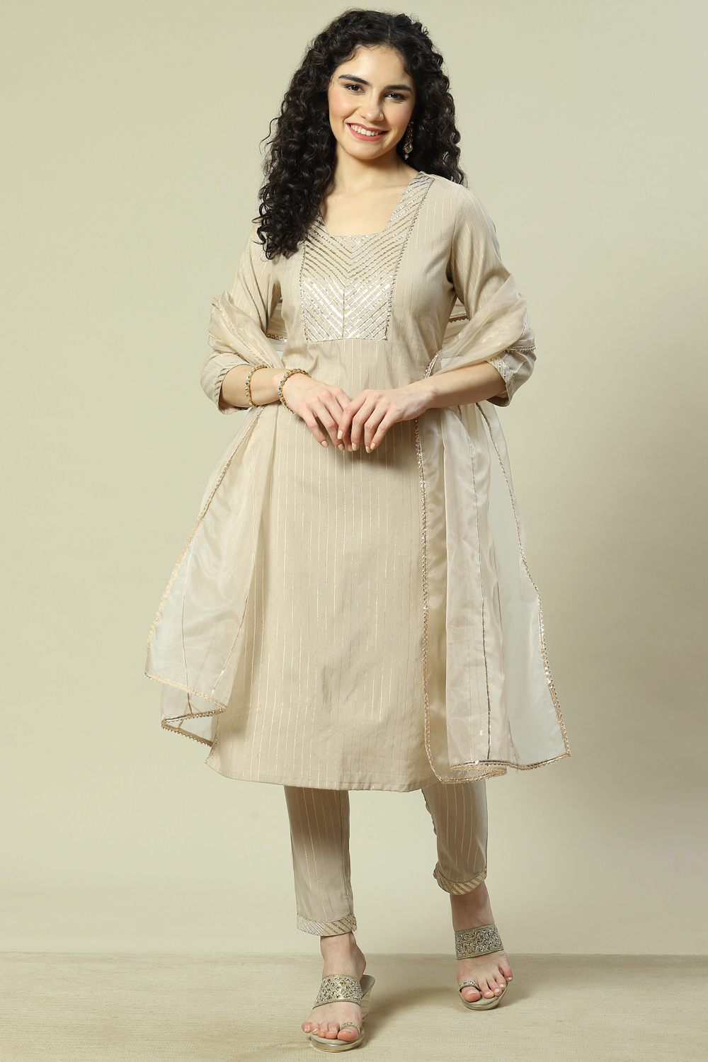 Beige Viscose Woven Straight Kurta Suit Set image number 7