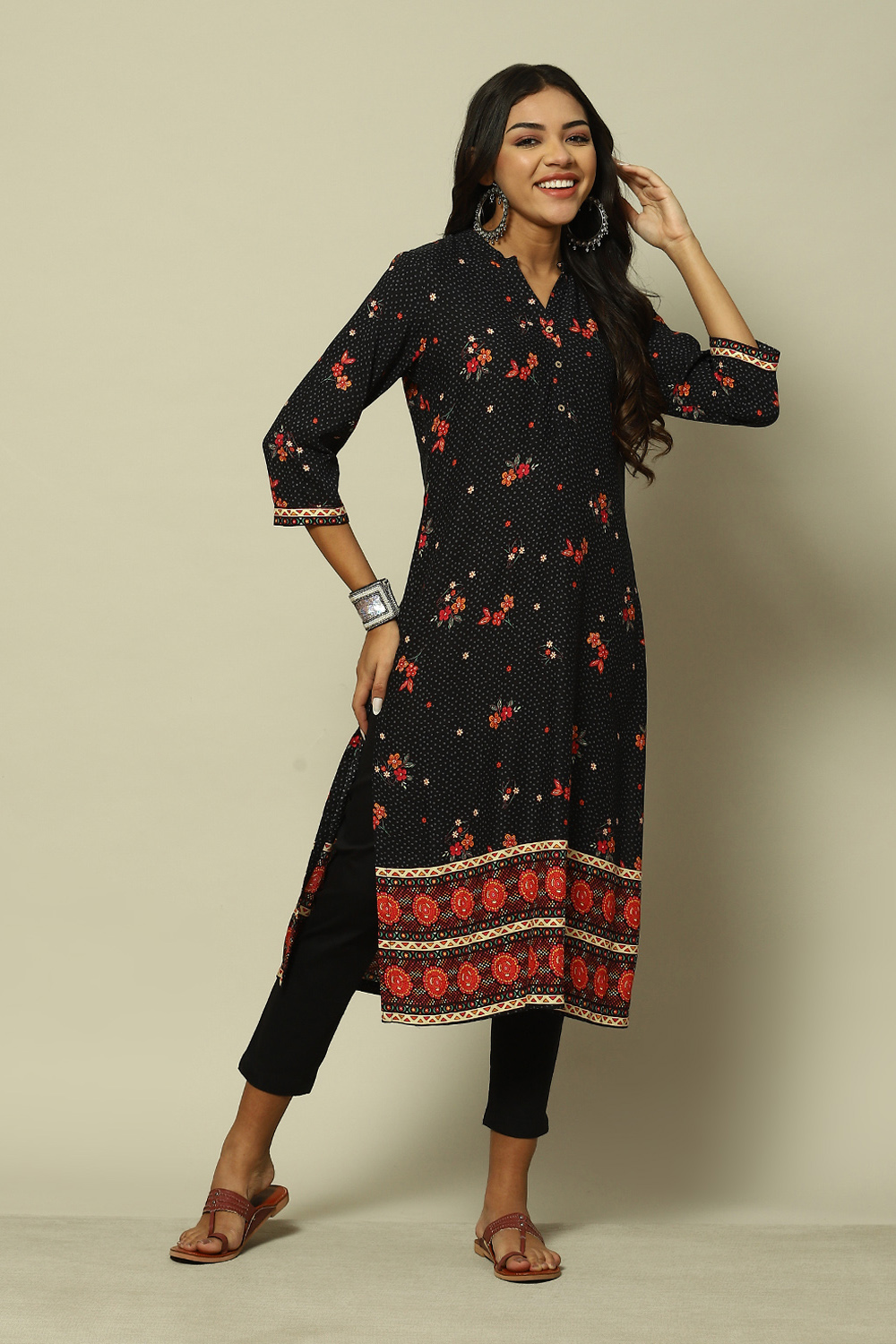 Black LIVA Straight Printed Kurta image number 0