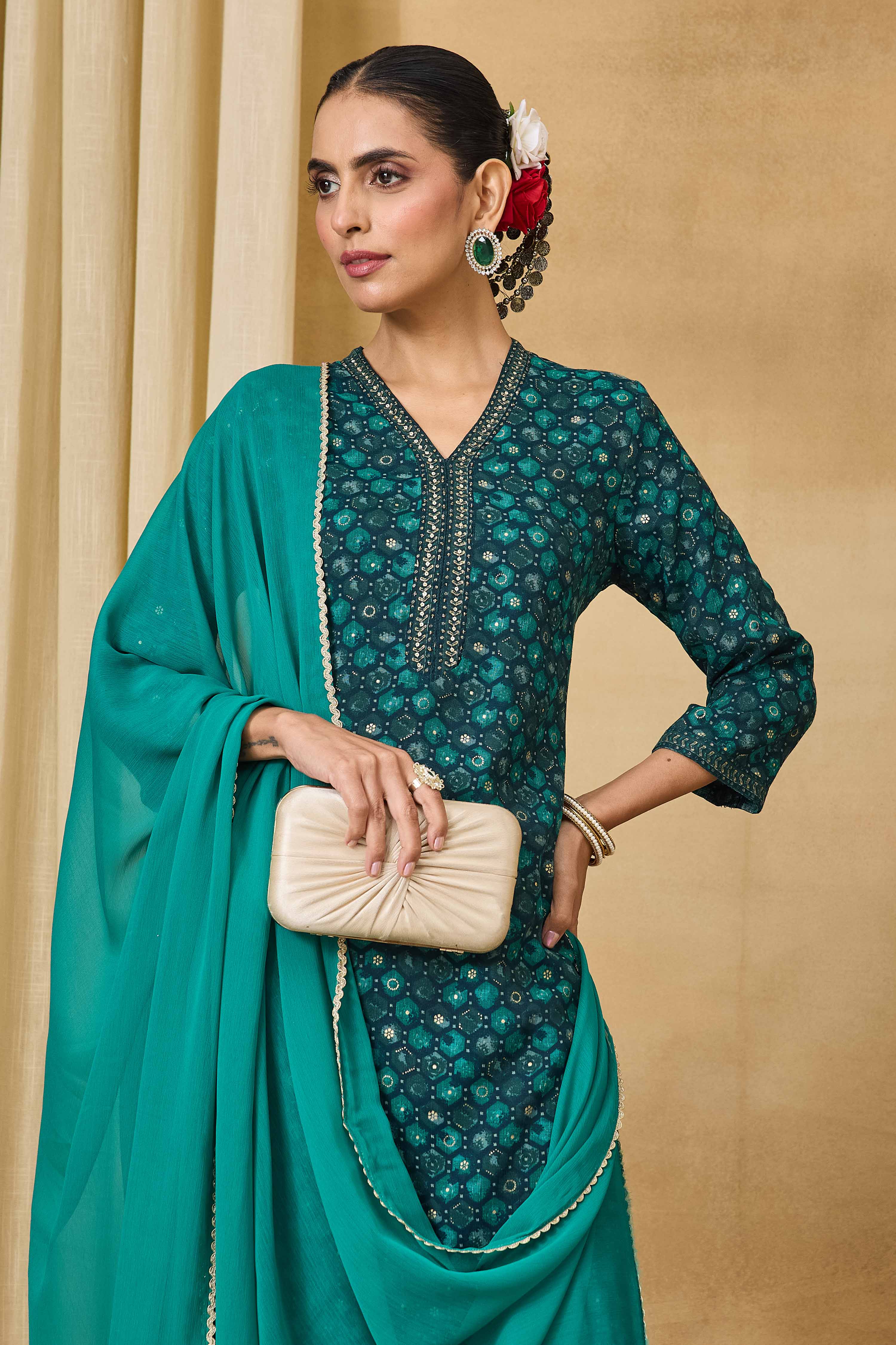 Teal Viscose Blend Straight Printed Suit Set image number 8