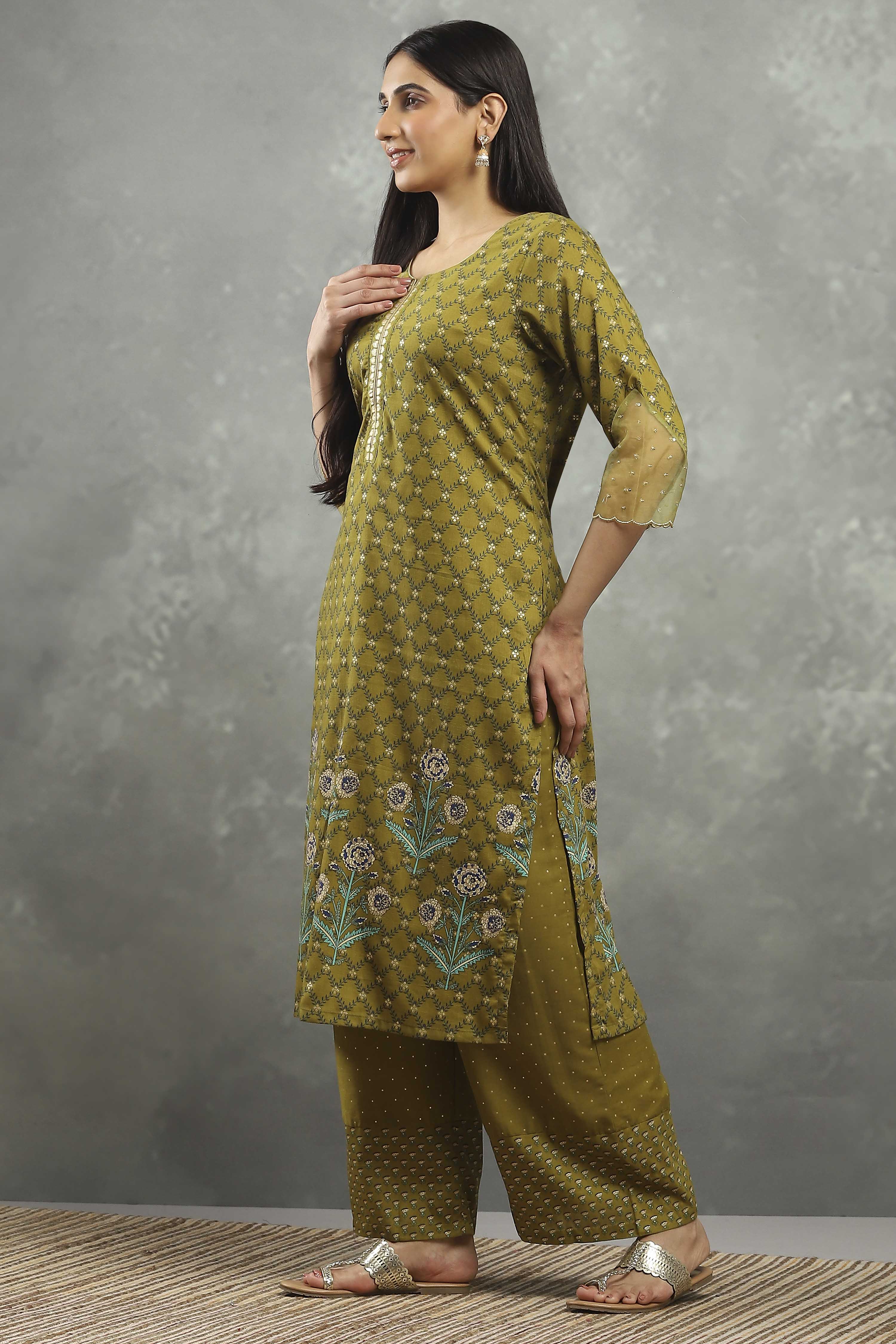 Green Polyester Straight Kurta Pants Set image number 3