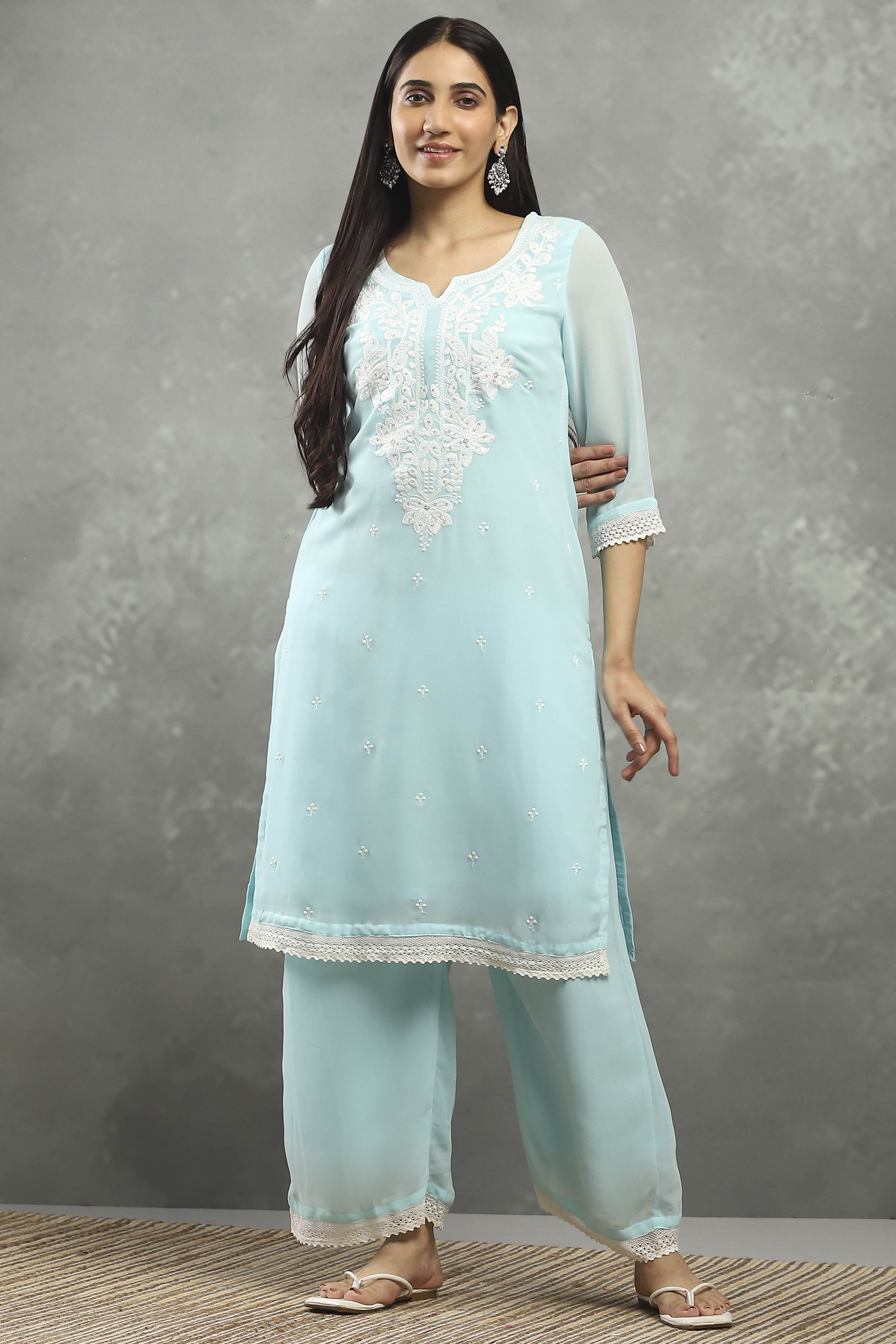 Sky Blue Polyester Straight Kurta Pants Set image number 6