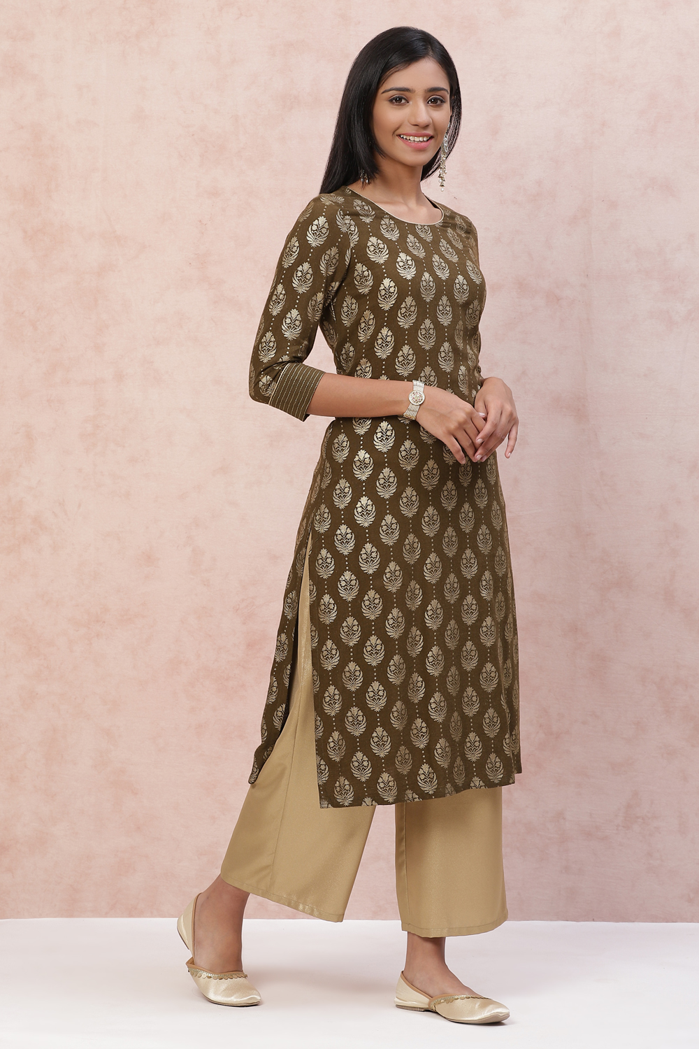 Olive Green Viscose Straight Kurta image number 4