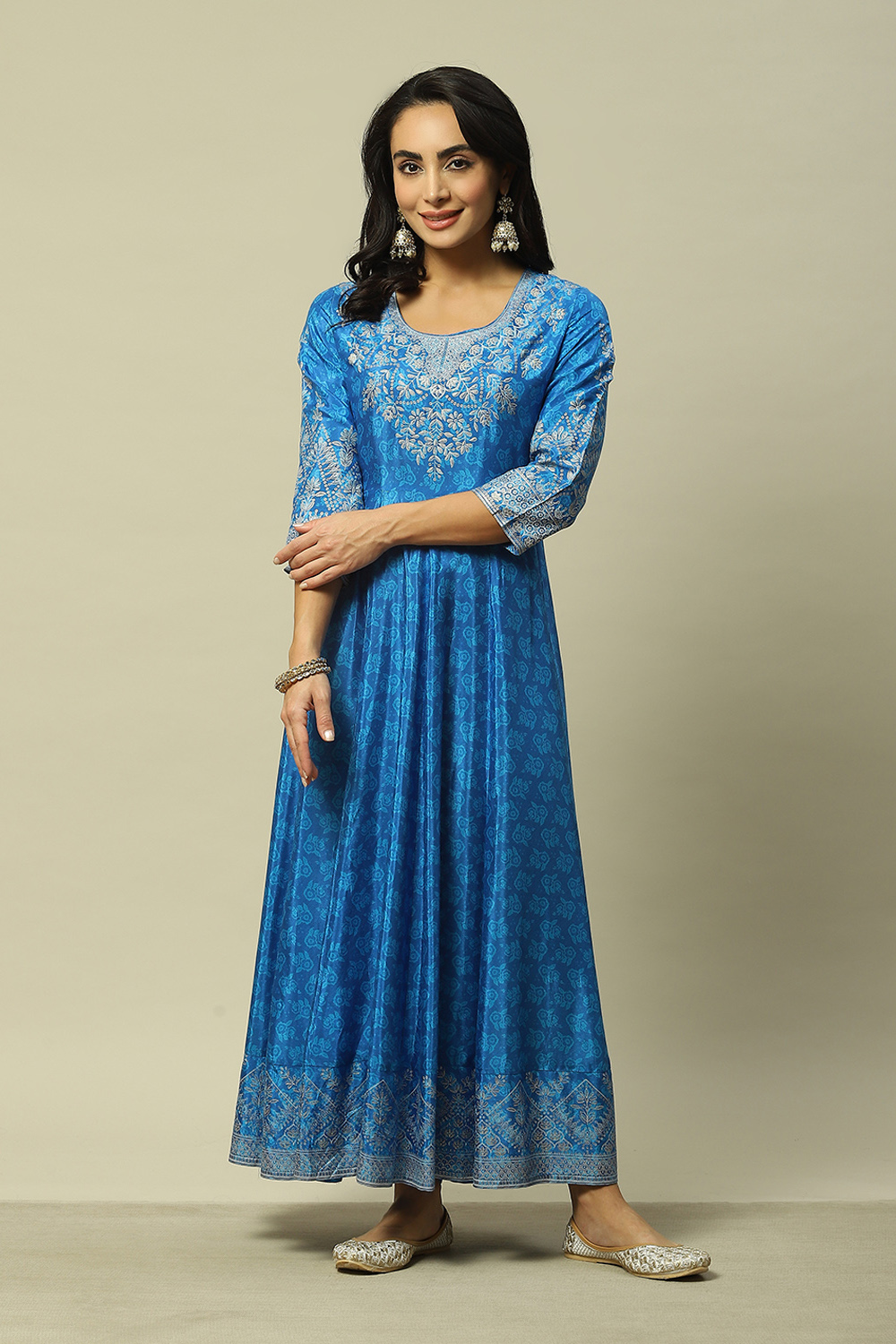 Blue LIVA Flared Printed Dress image number 5