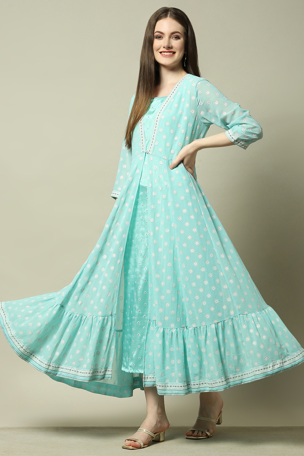 Blue Viscose Shantoon Printed A-line Dress image number 0