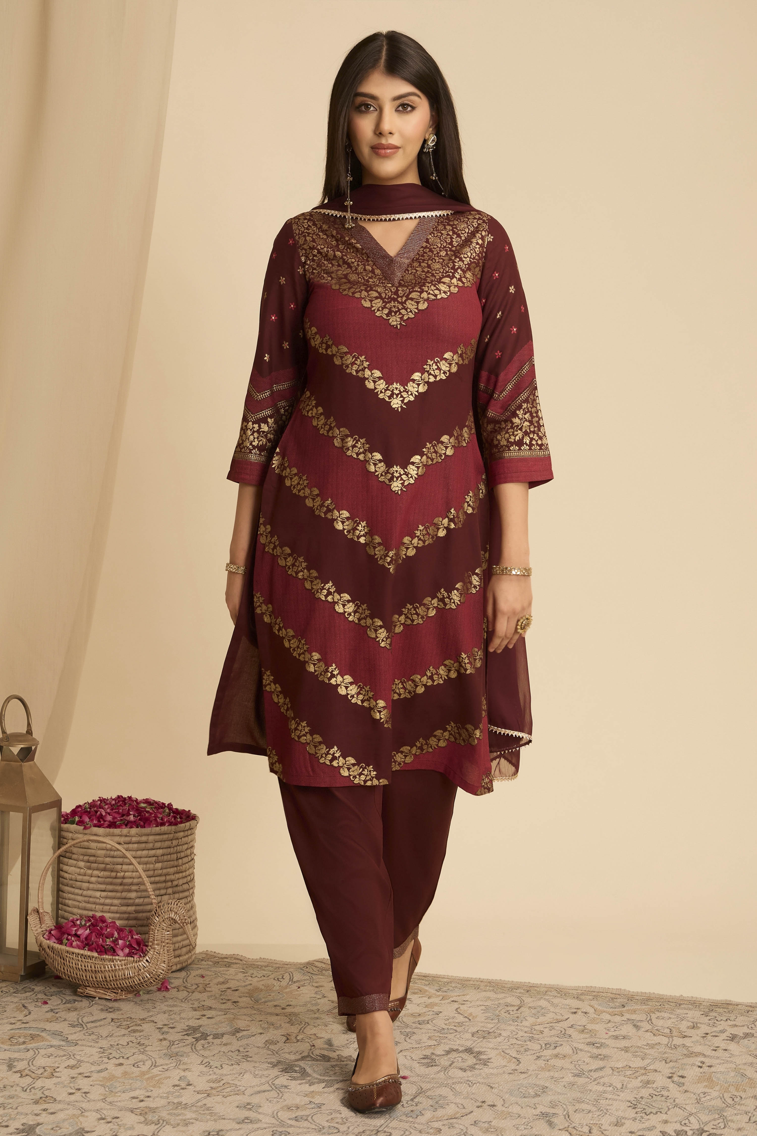Brown Viscose Rayon Straight Printed Suit Set image number 0