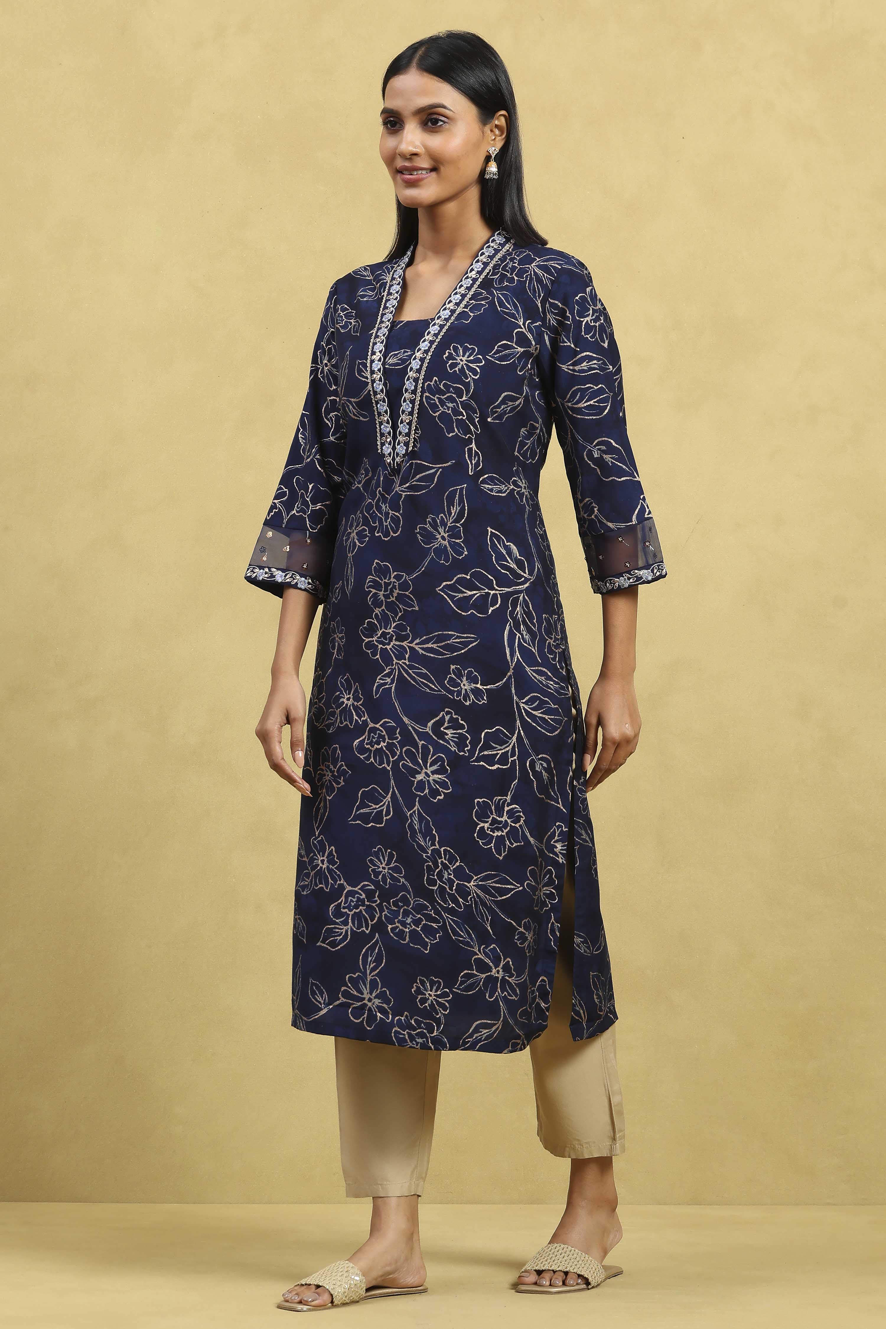 Indigo Blue Viscose Blend Printed Straight Kurta image number 2