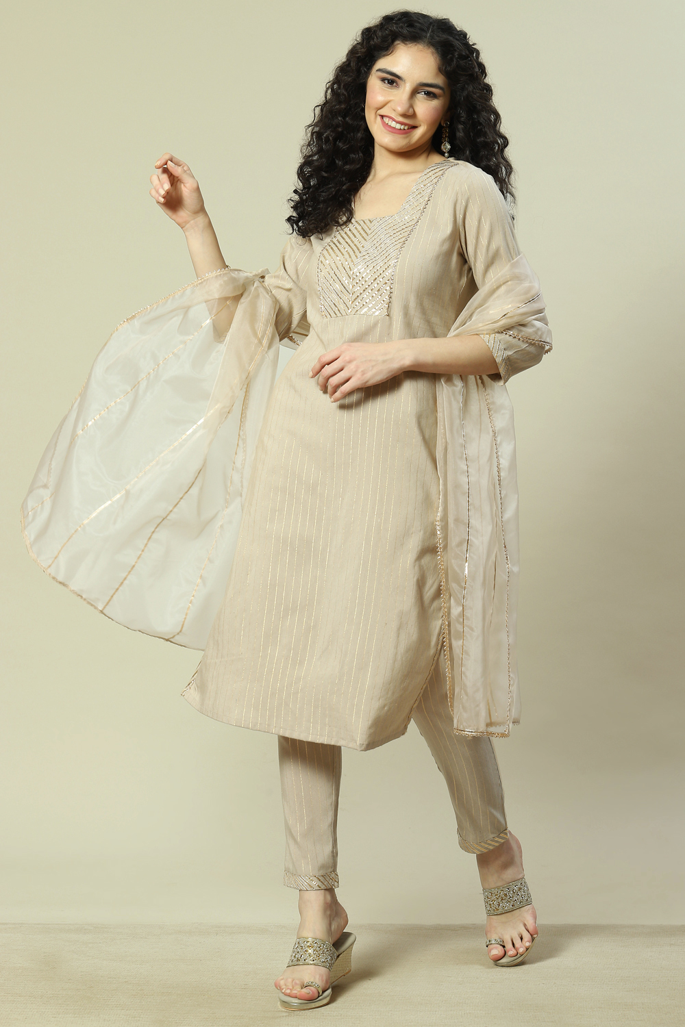 Beige Viscose Woven Straight Kurta Suit Set image number 0