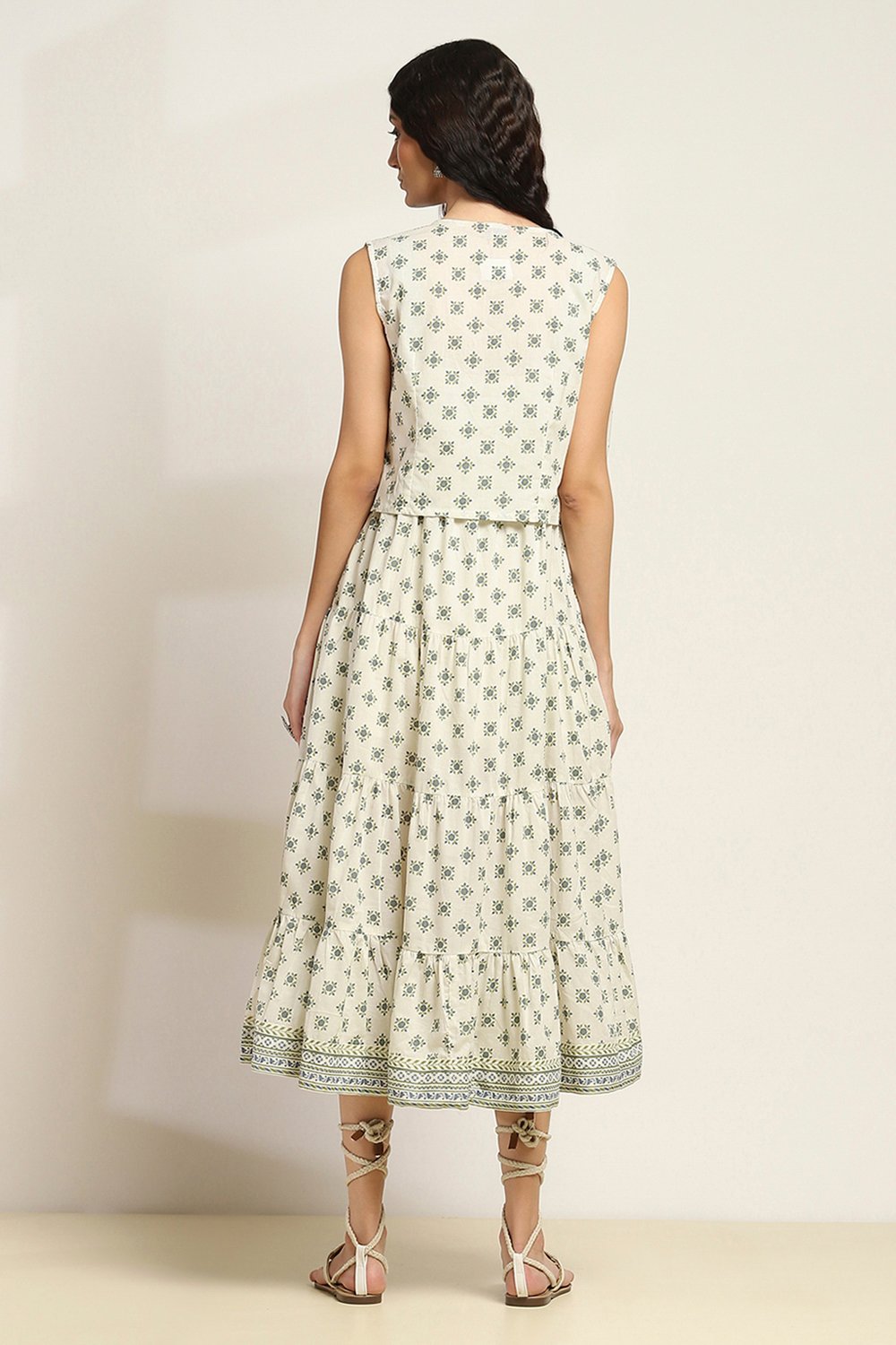 Off-White Cotton Printed Tiered Dress image number 3