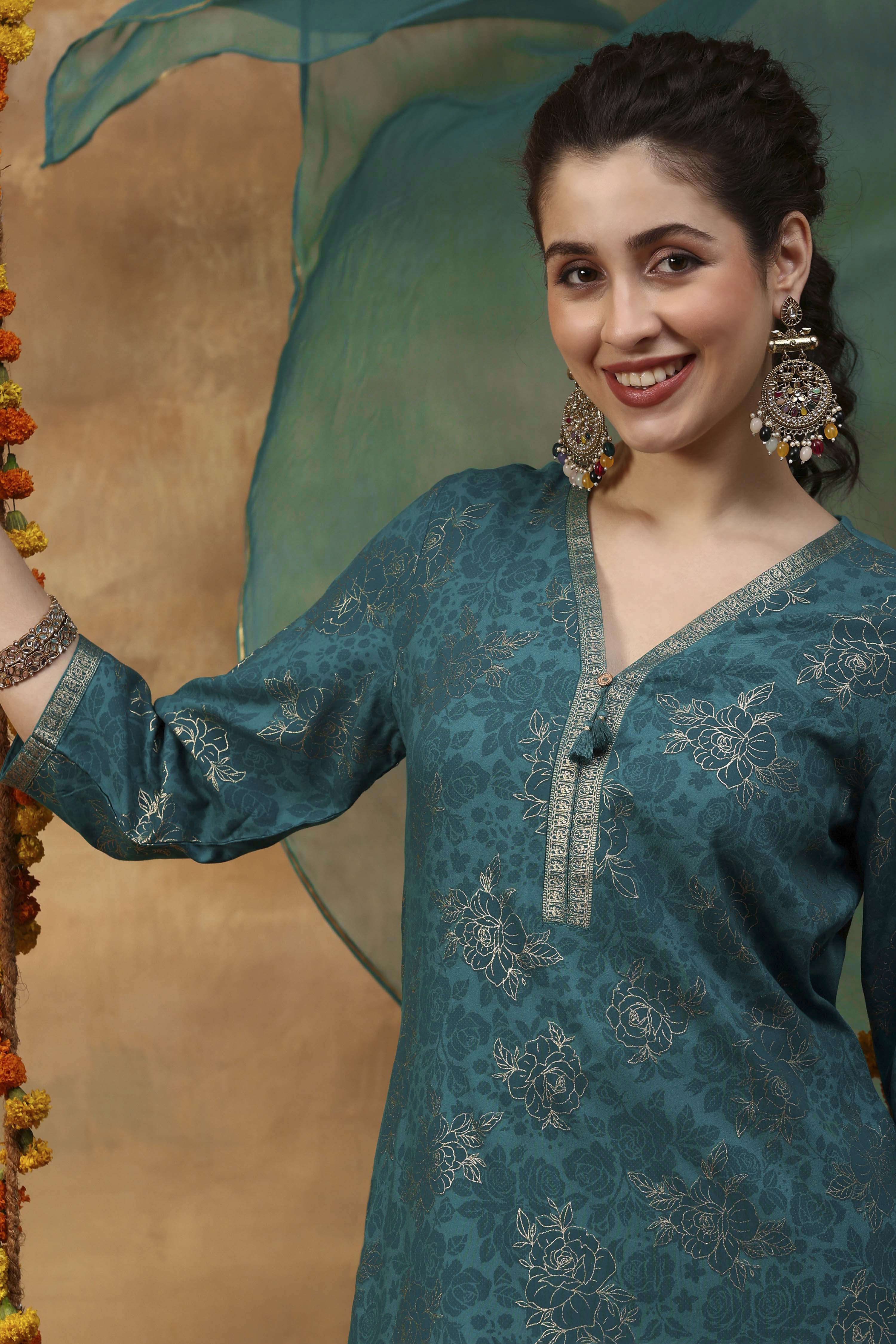 Aqua Printed Viscose Rayon Straight Kurta Set image number 1