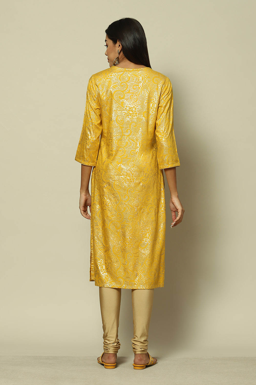 Yellow LIVA Straight Printed Kurta image number 4