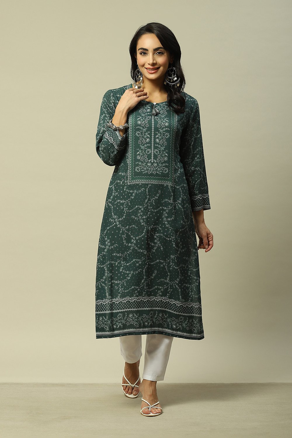 Aqua Blue LIVA Straight Printed Kurta image number 5