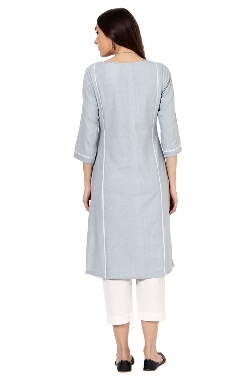 Grey Straight Cotton Kurta image number 3