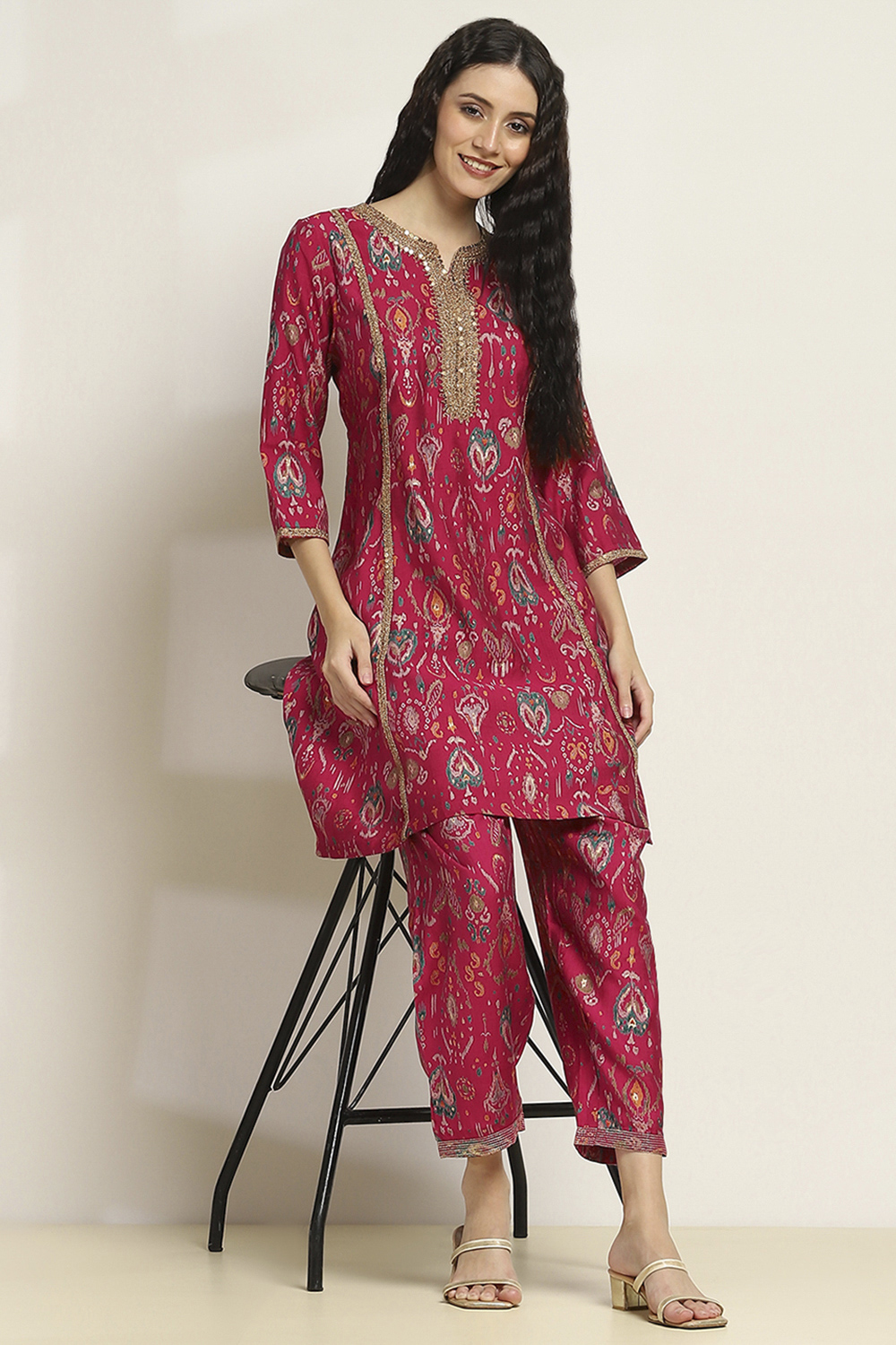 Black Viscose Blend Printed A-Line Kurta Pants Set image number 0