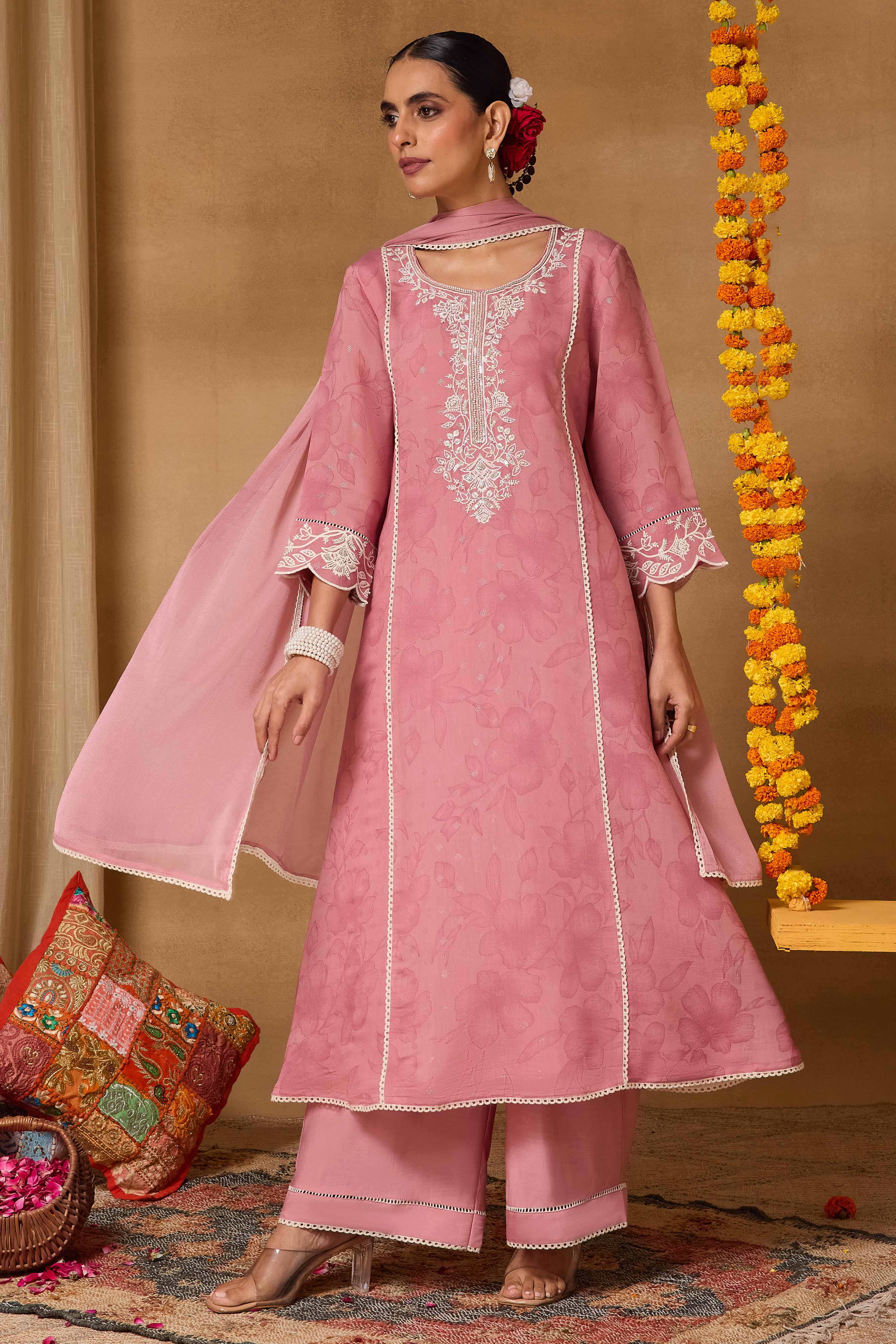 Pink Polyester A-Line Printed Suit Set image number 7