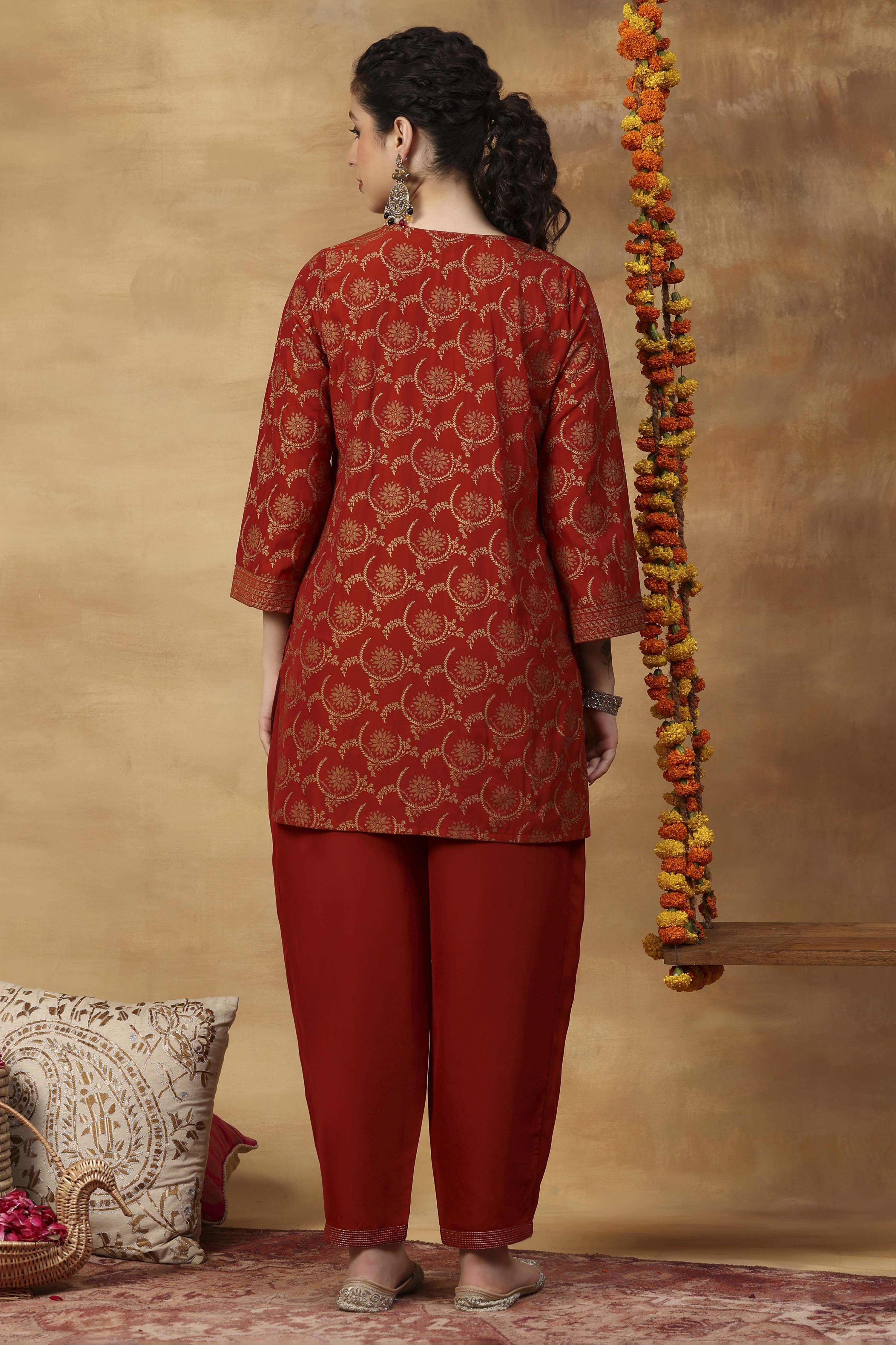 Orange Printed Poly Viscose Straight Kurta Set image number 5