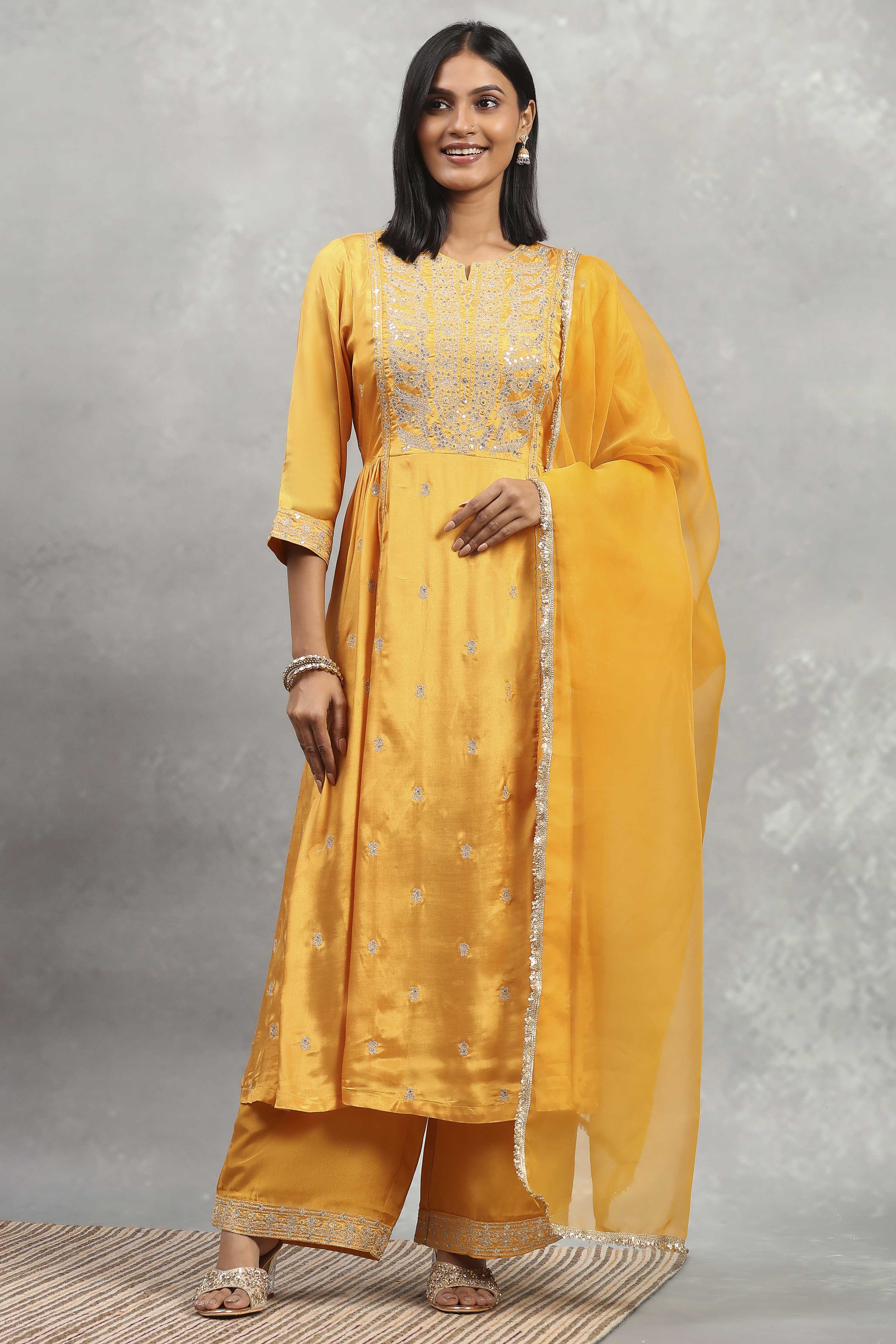 Yellow Viscose Rayon Embroidered Gathered Suit Set image number 6