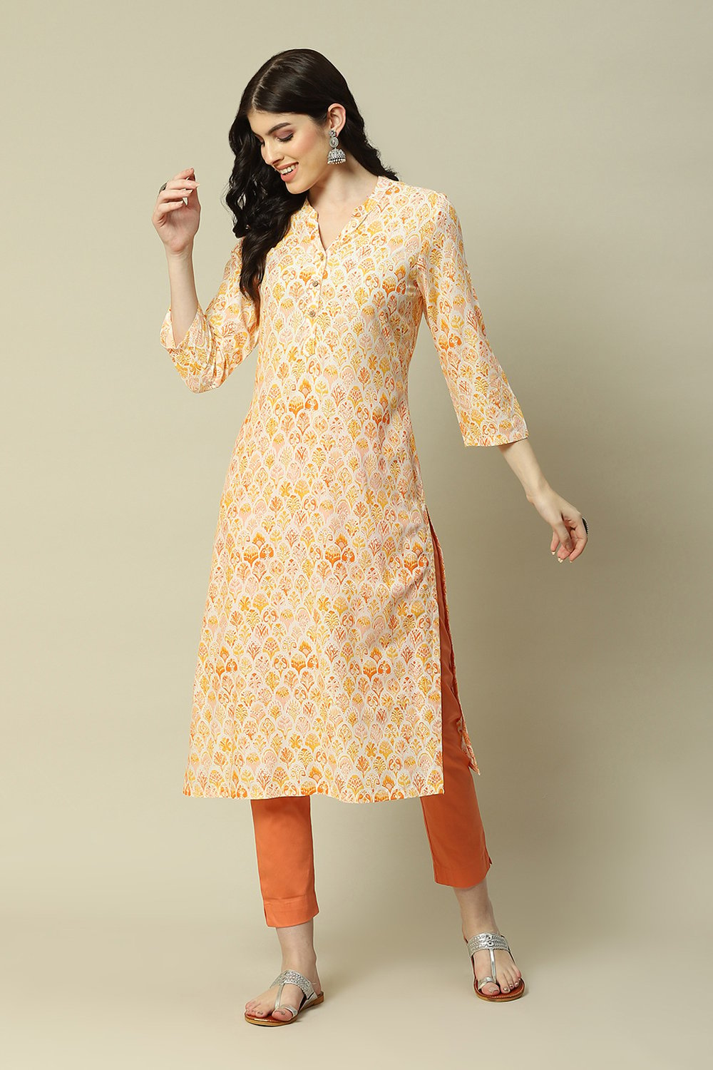 Yellow LIVA Straight Printed Kurta image number 0