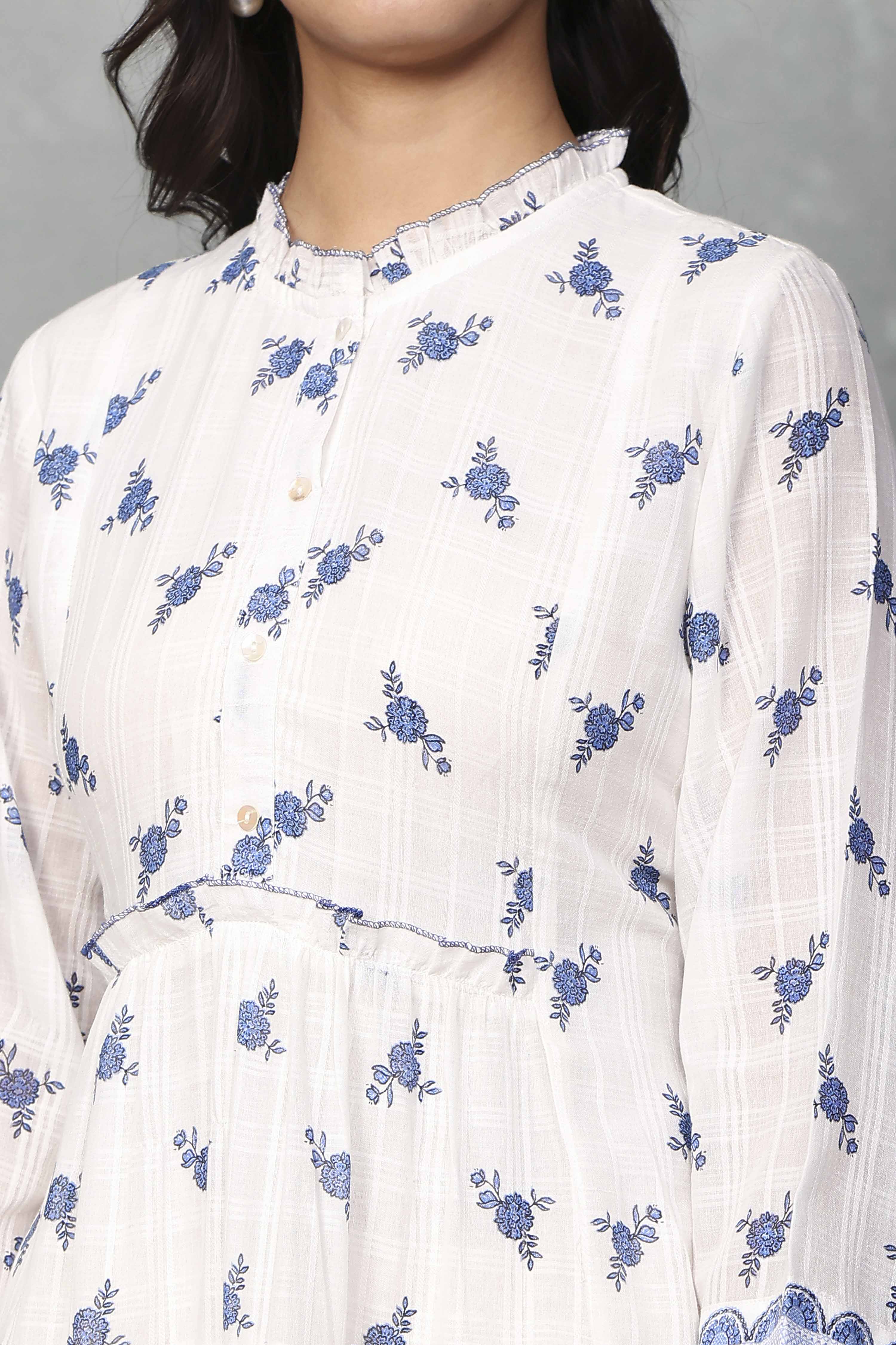 White Cotton Printed Tiered Dress image number 1