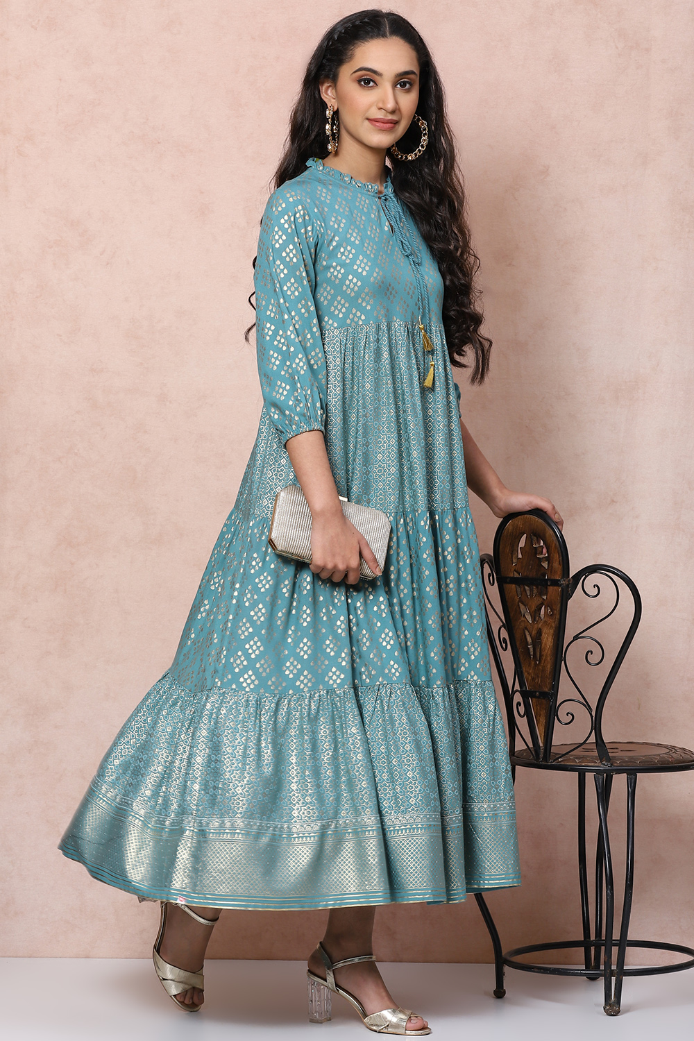 Green Viscose Rayon Tiered Dress image number 5