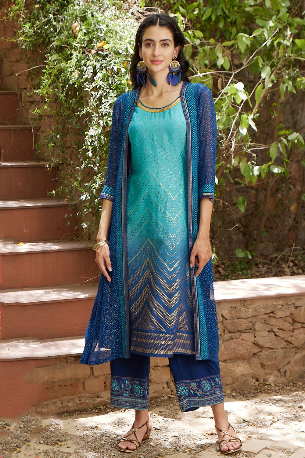 Turq Blue Art Silk Bandhani Kurta image number 0