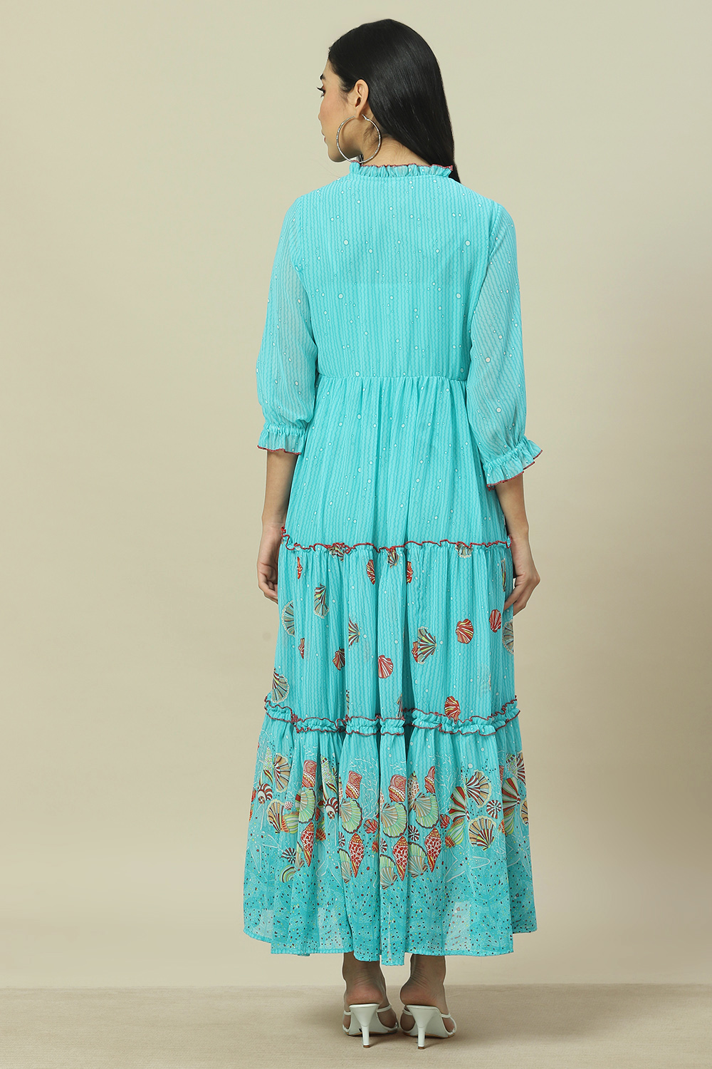 Sea Green Cotton Blend Tiered Dress image number 4