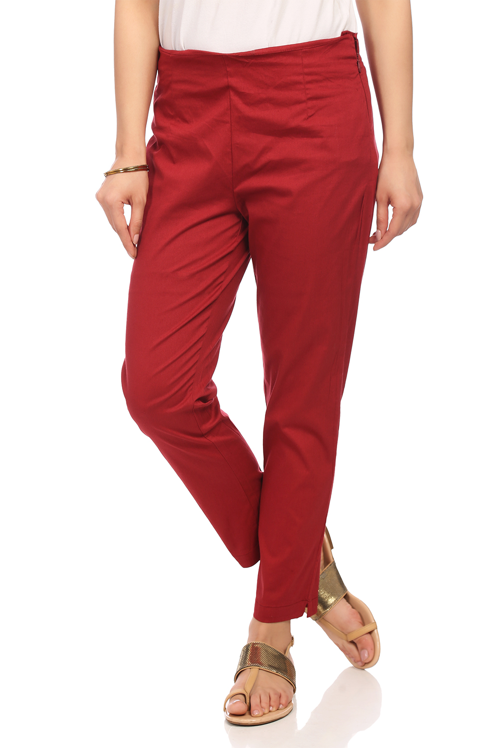 Maroon Cotton Slim Pants image number 1