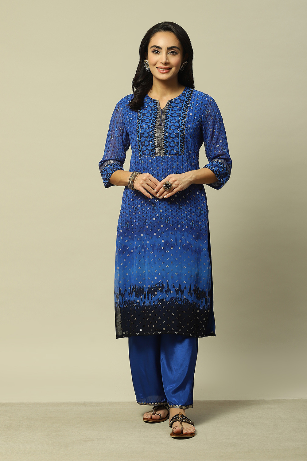 Cobalt Blue Polyester Straight Printed Kurta image number 0