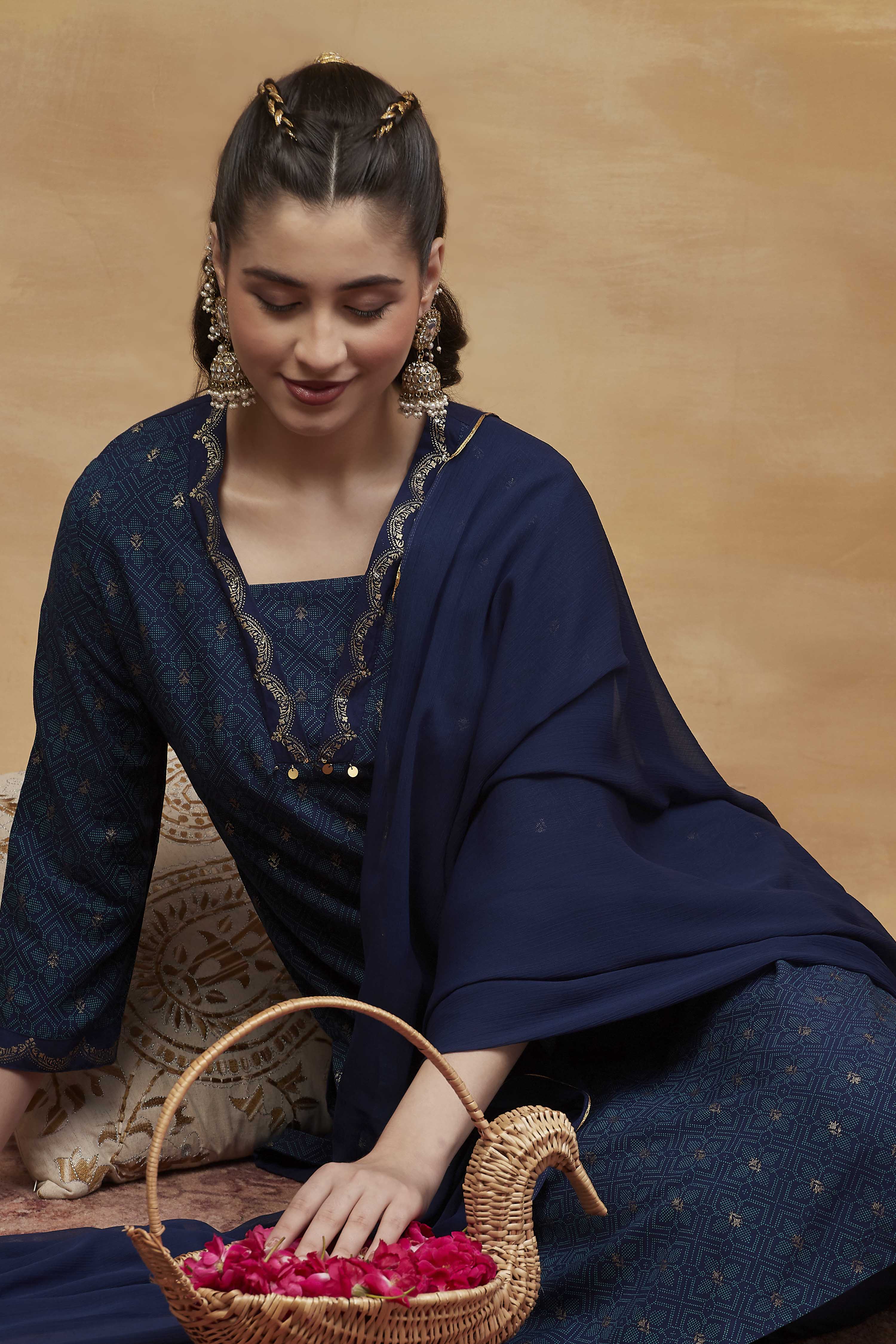 Blue Viscose Rayon Straight Printed Suit Set image number 1