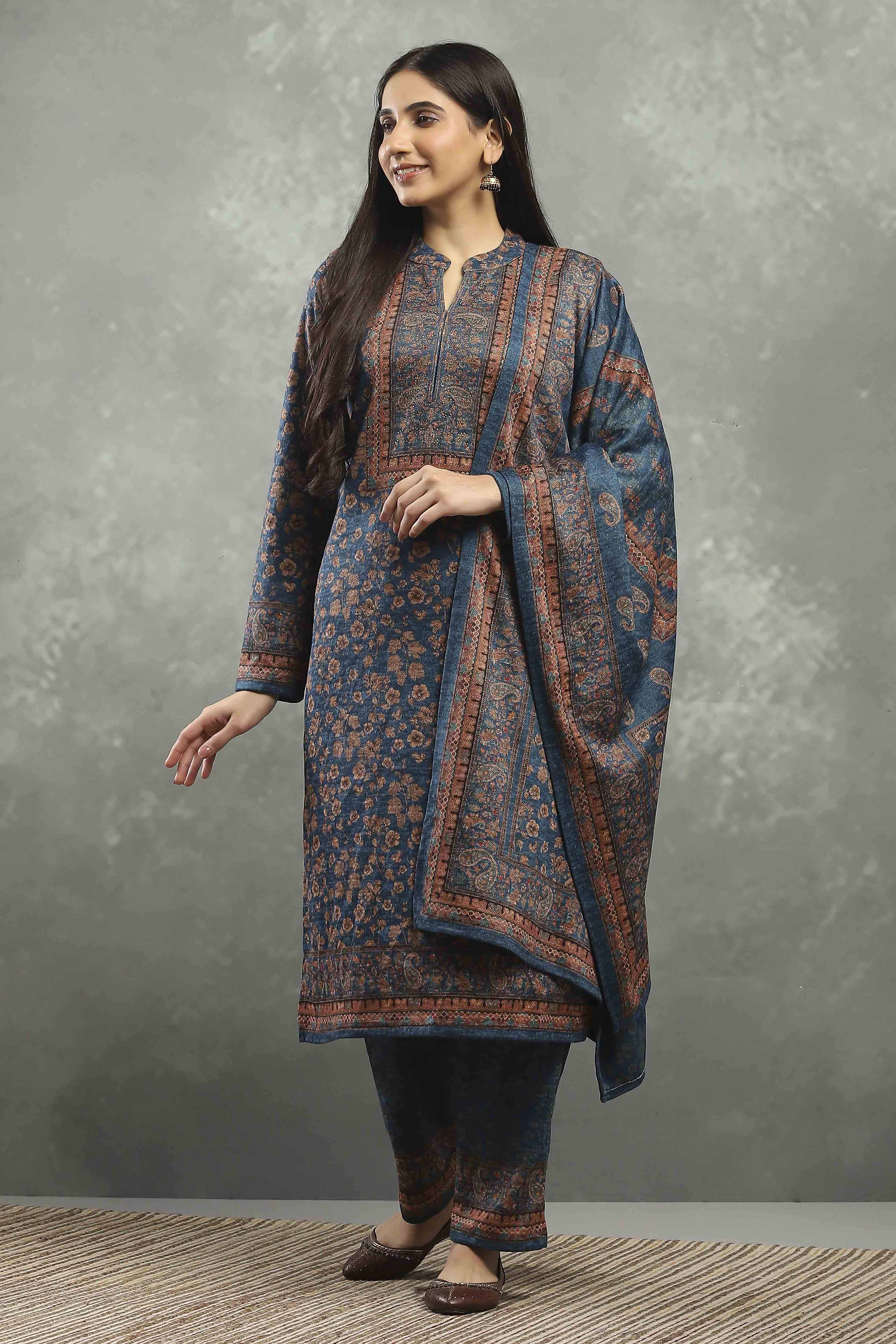 Teal Polyester Printed Straight Suit Set image number 0