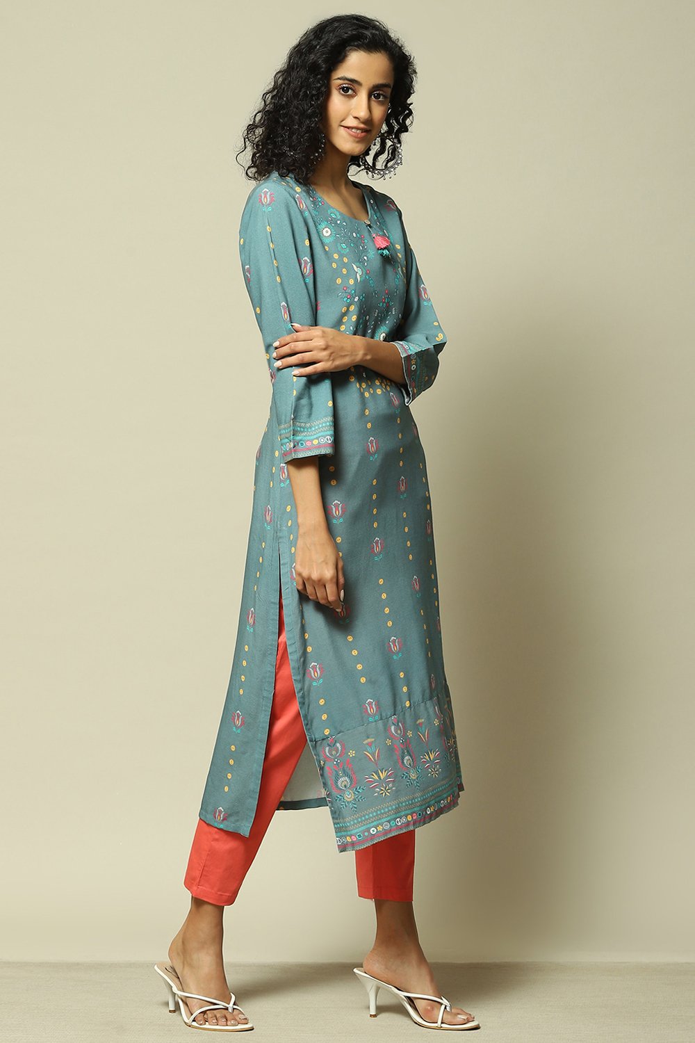 Teal Blue LIVA Straight Printed Kurta image number 4