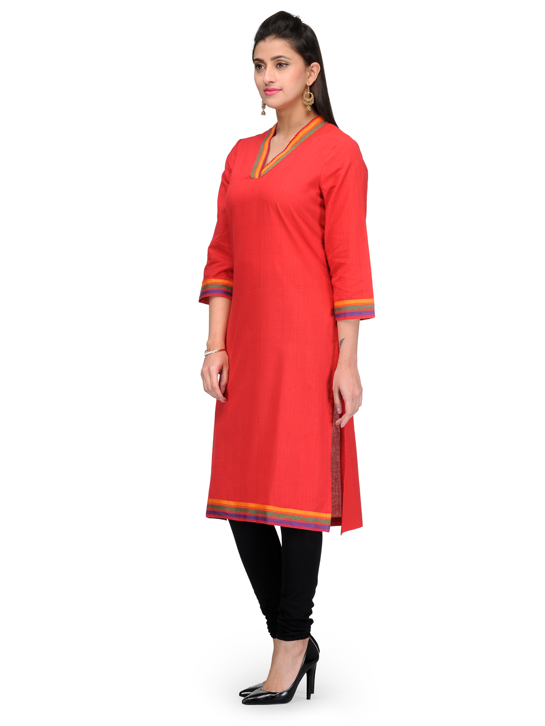 Red Cotton Straight Kurta image number 2