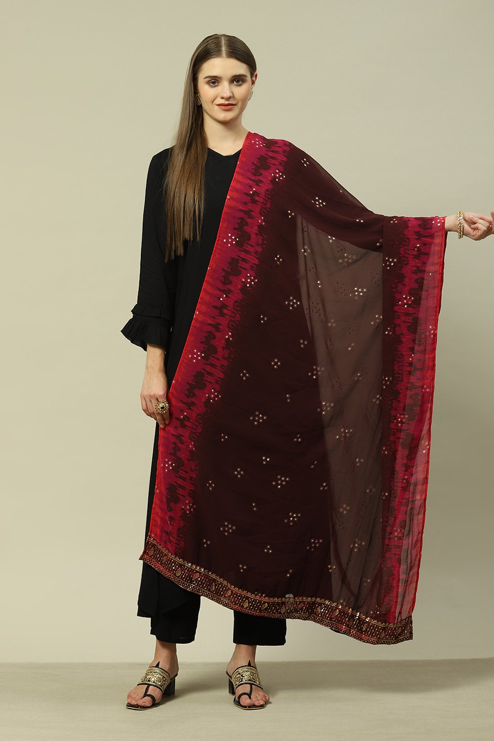 Wine Polyester Printed Dupatta image number 0