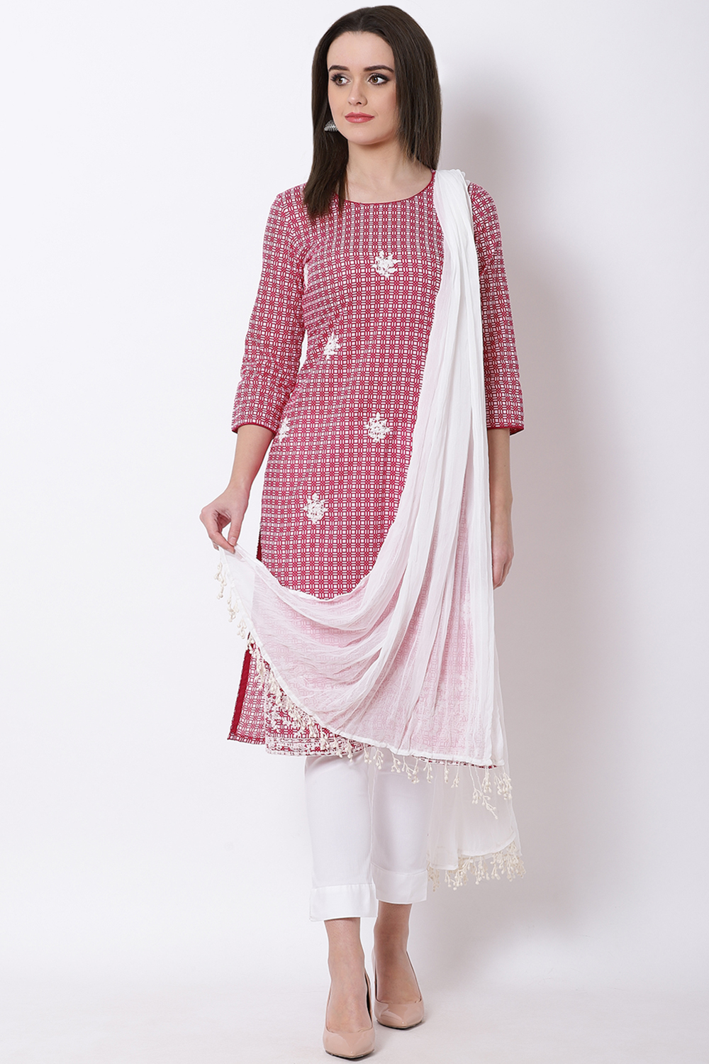 Pink Cotton Straight Kurta image number 4