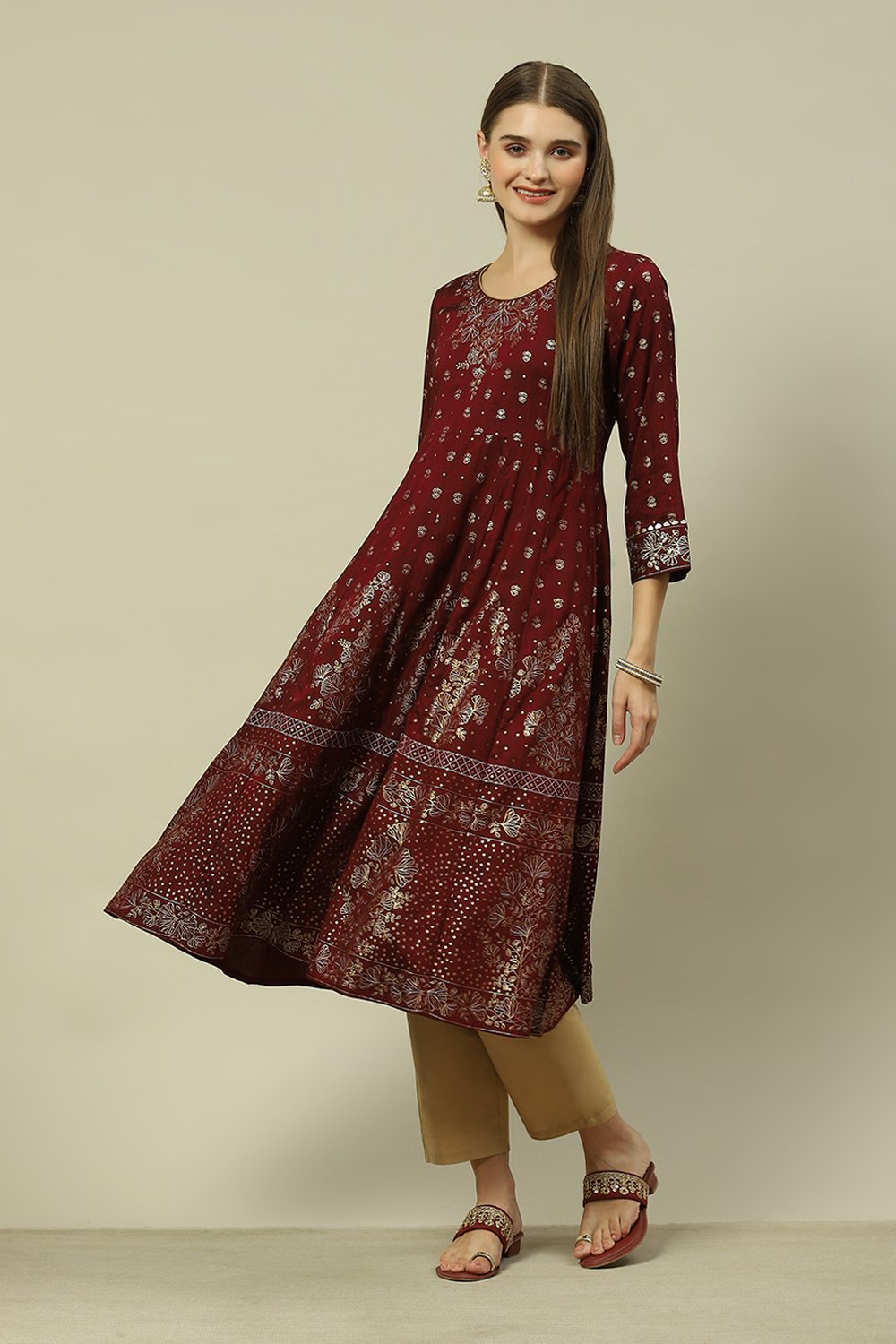 Maroon Poly Viscose Kalidar Printed Dress image number 0