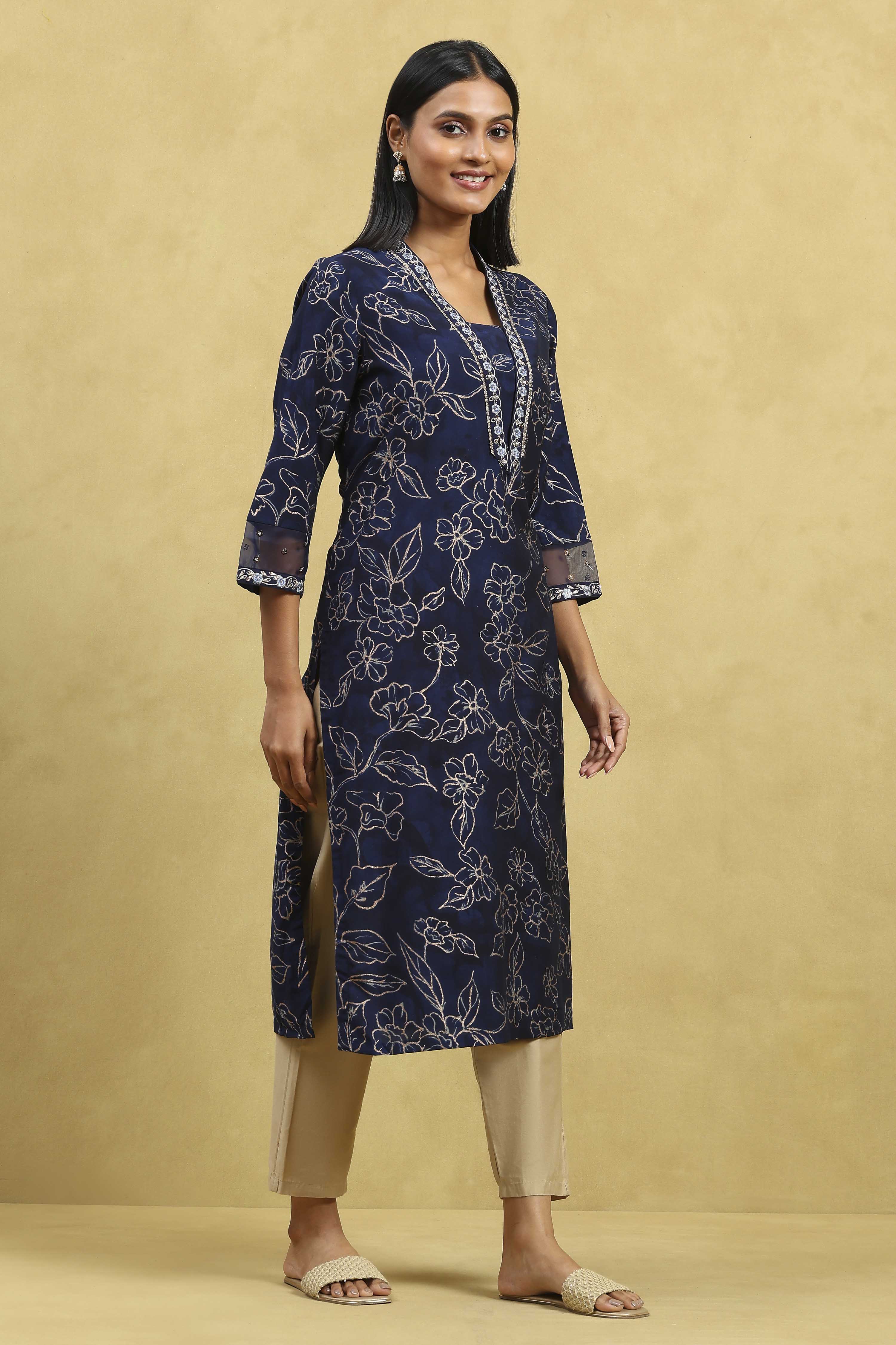 Indigo Blue Viscose Blend Printed Straight Kurta image number 4
