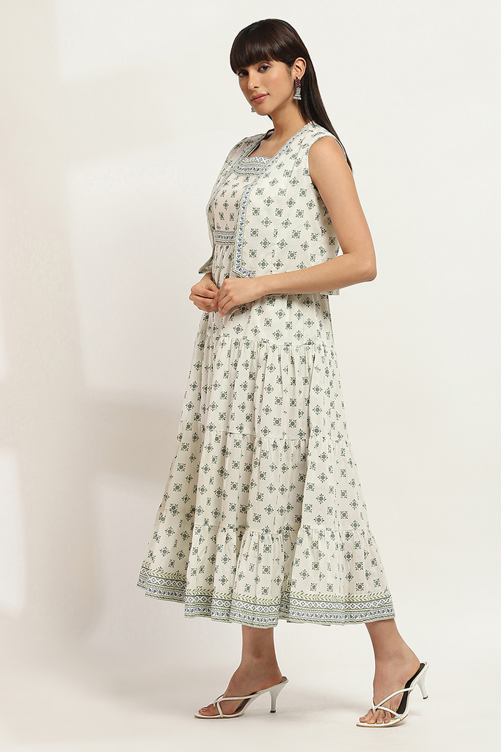 Off White Cotton Tiered Dress image number 2