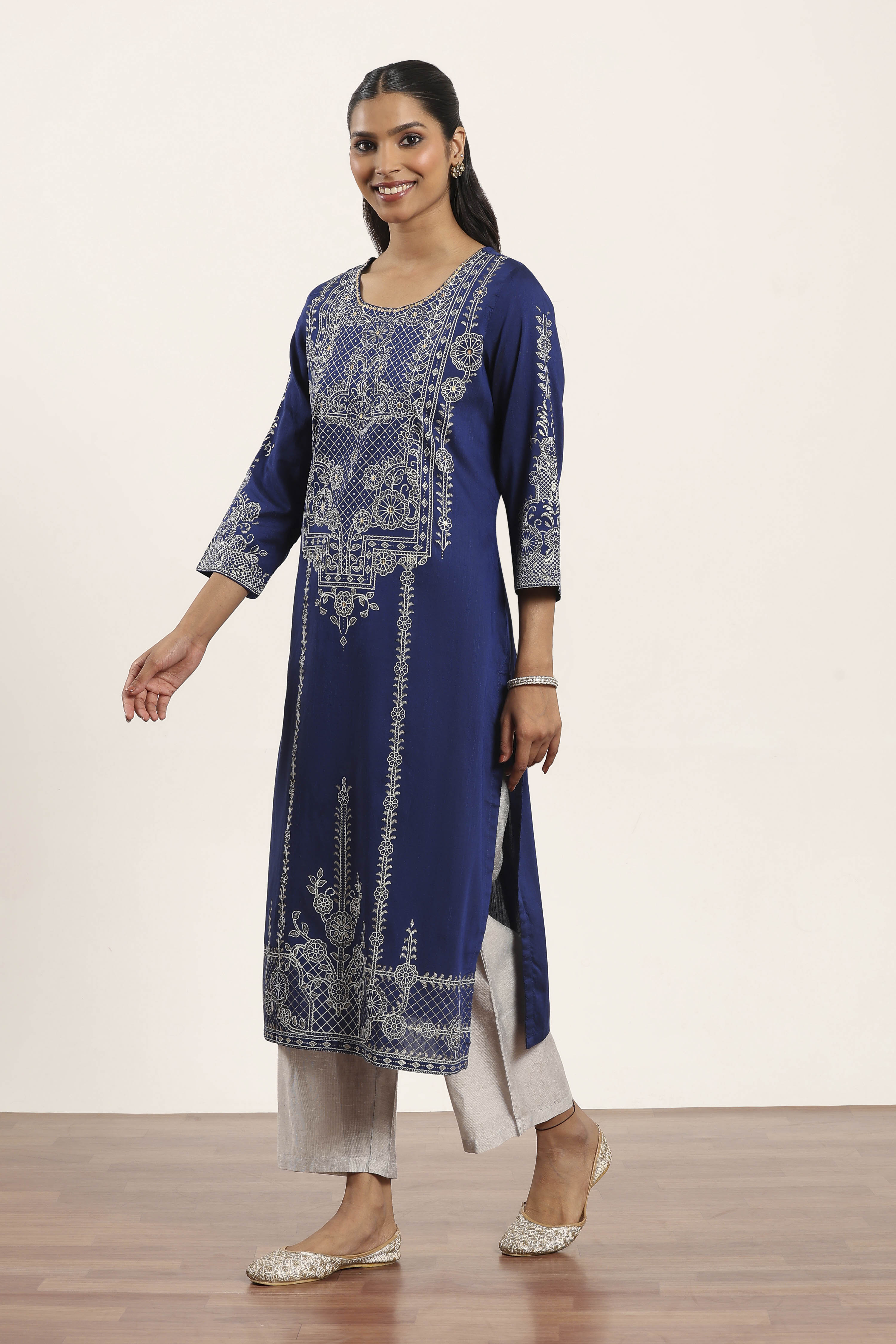 Blue Polyester Straight Kurta Pants Set image number 3
