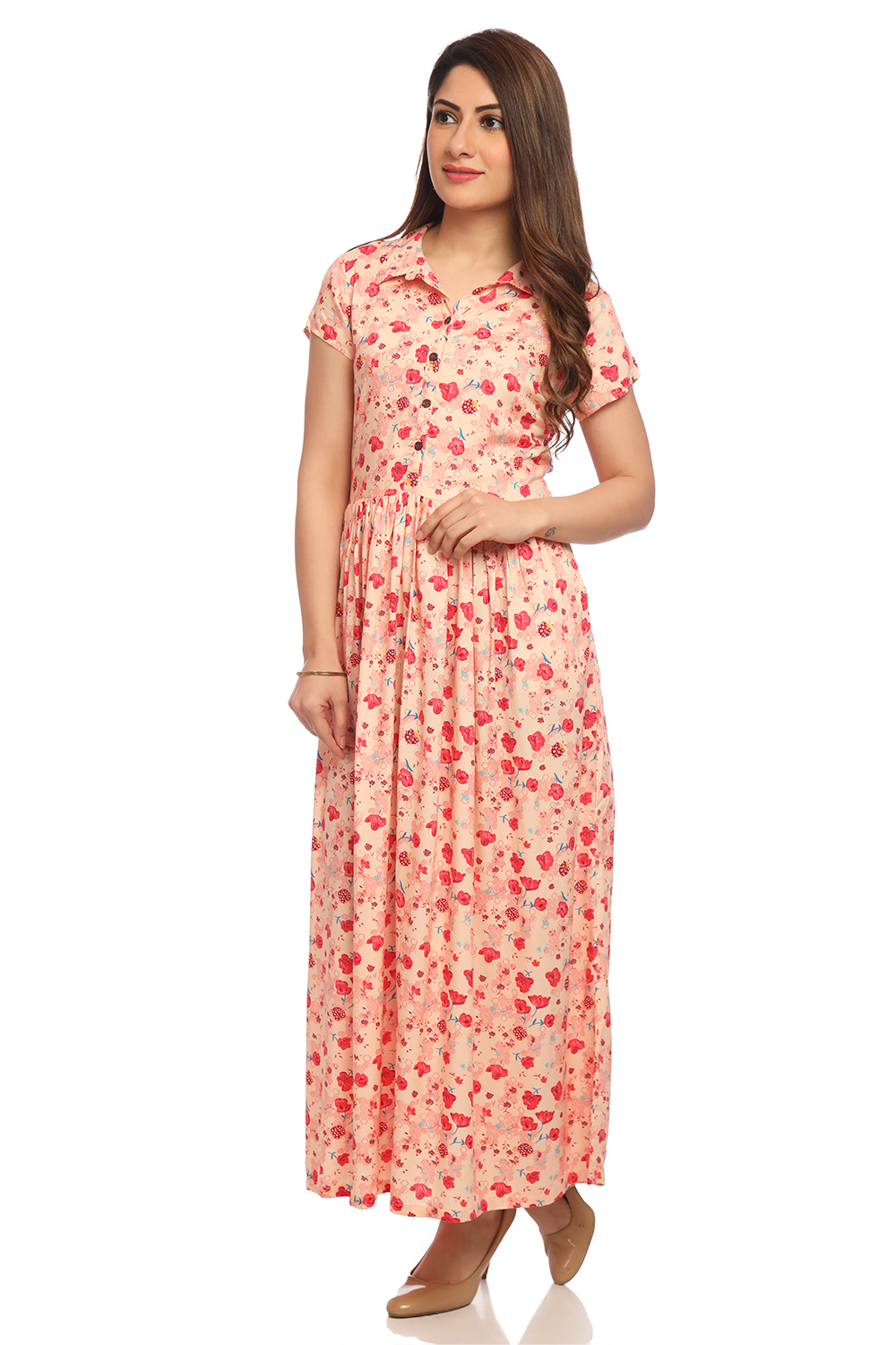 Peach Flared Viscose Dress image number 3