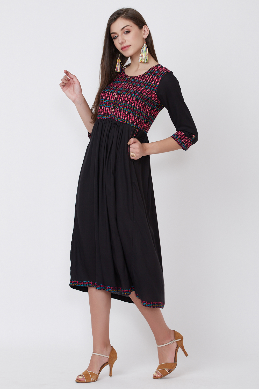 Black Viscose Rayon Flared Dress image number 2
