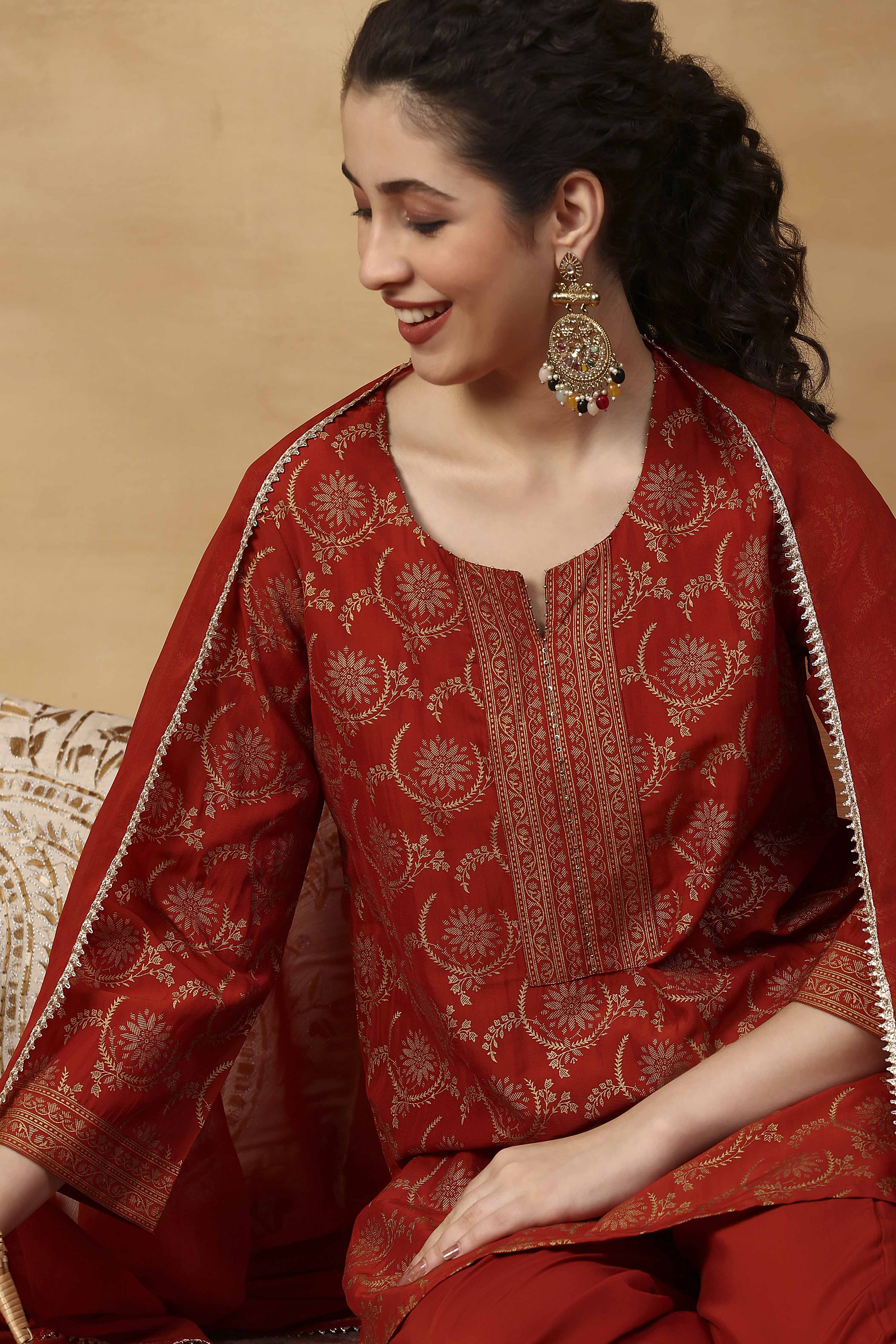Orange Printed Poly Viscose Straight Kurta Set image number 1