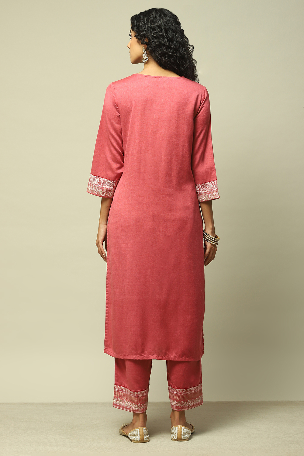 Coral Poly Viscose Straight Yarndyed Kurta Palazzo Suit Set image number 5