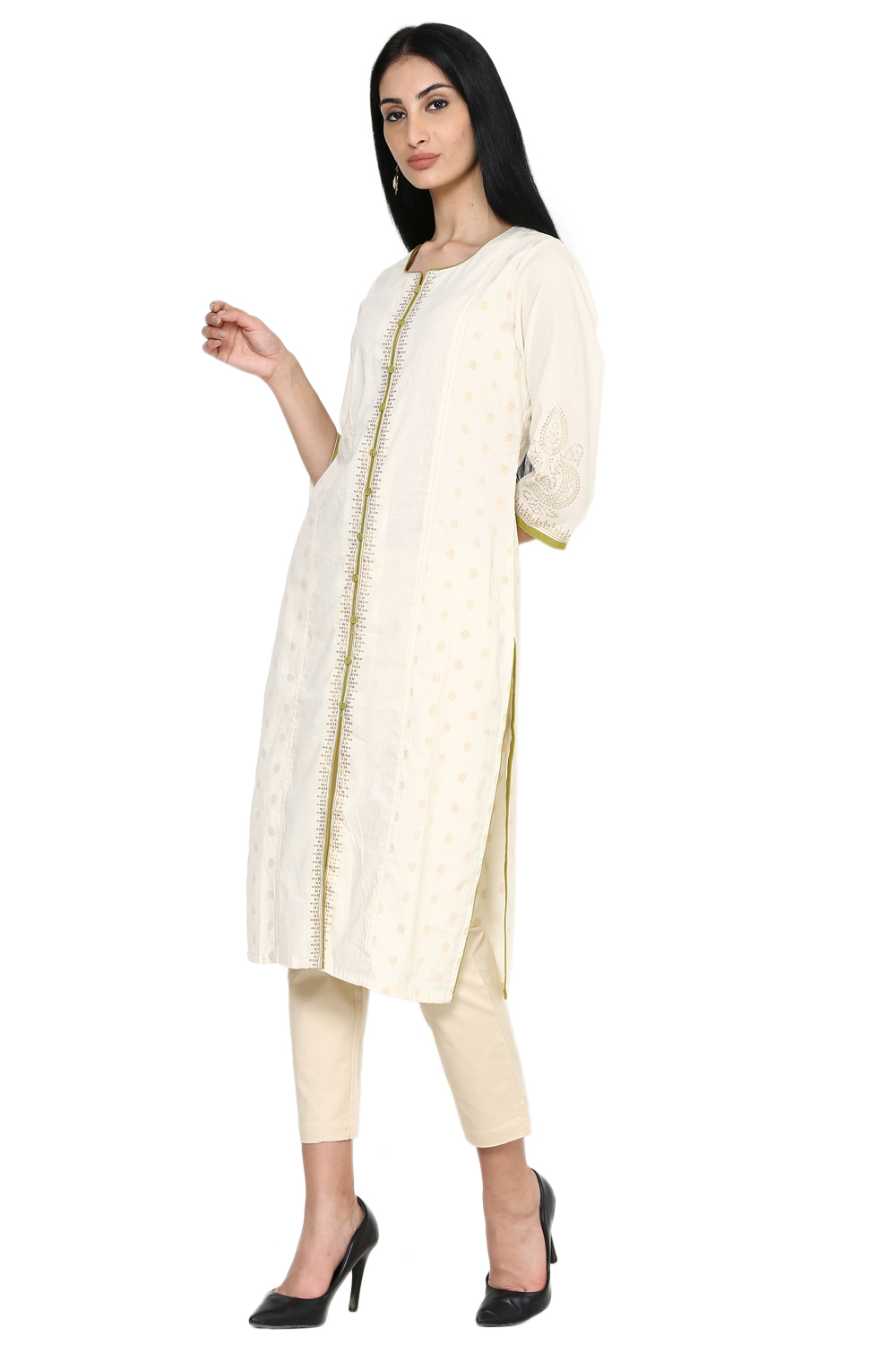 Off White Straight Cotton Kurta image number 2