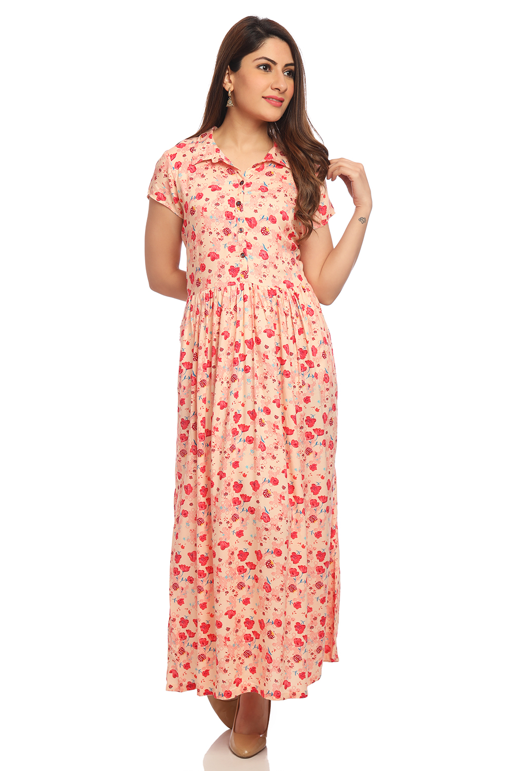 Peach Flared Viscose Dress image number 0