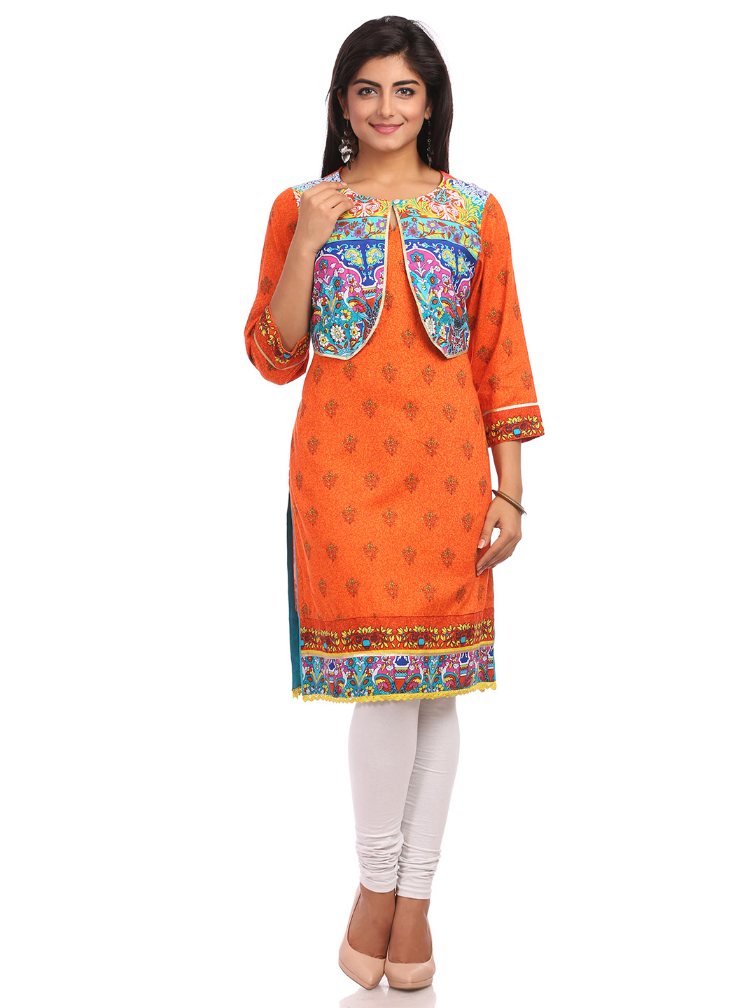 Blue & Orange Straight Cotton Kurta image number 0